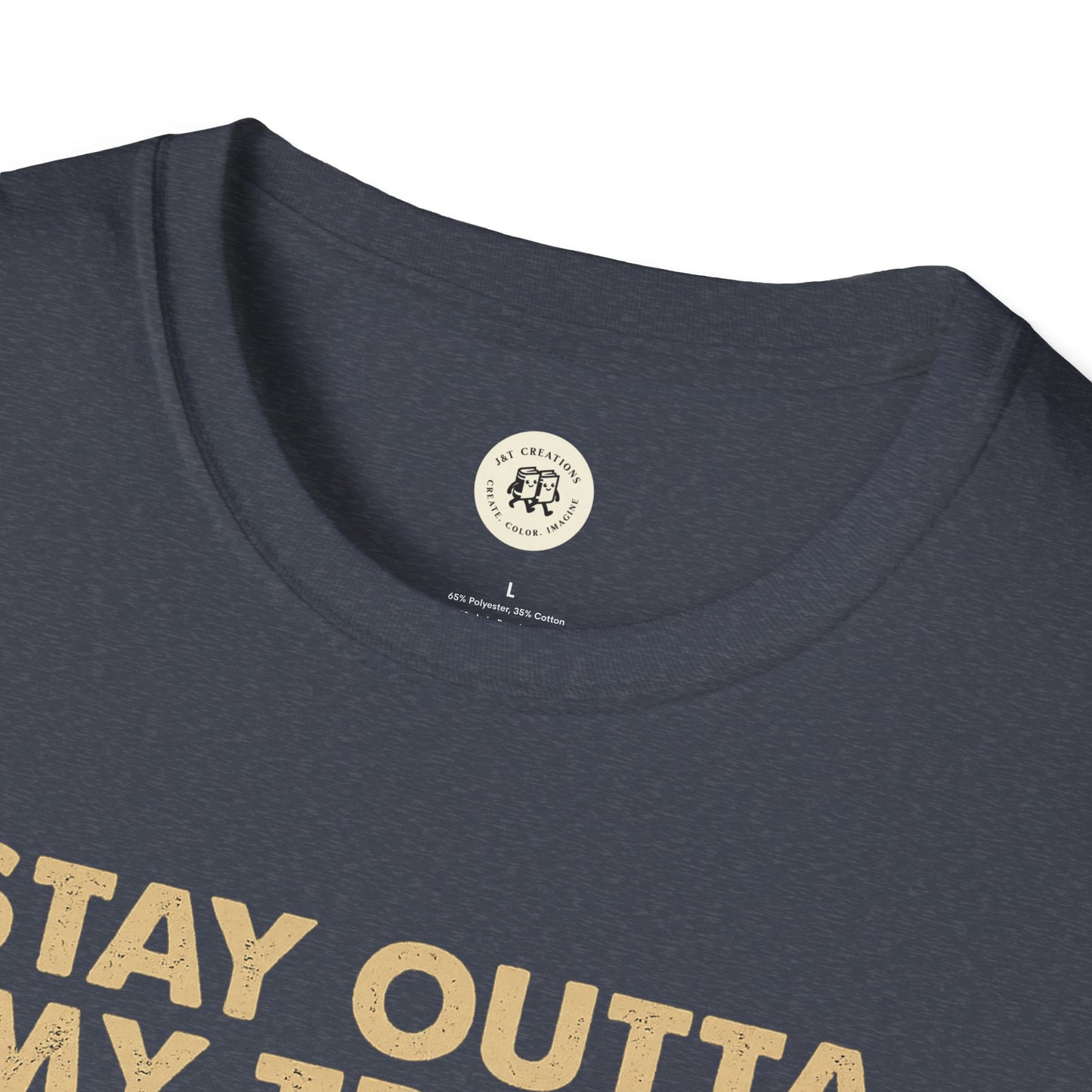 Close-up of navy blue Printify funny raccoon t-shirt with beige text and round neckline