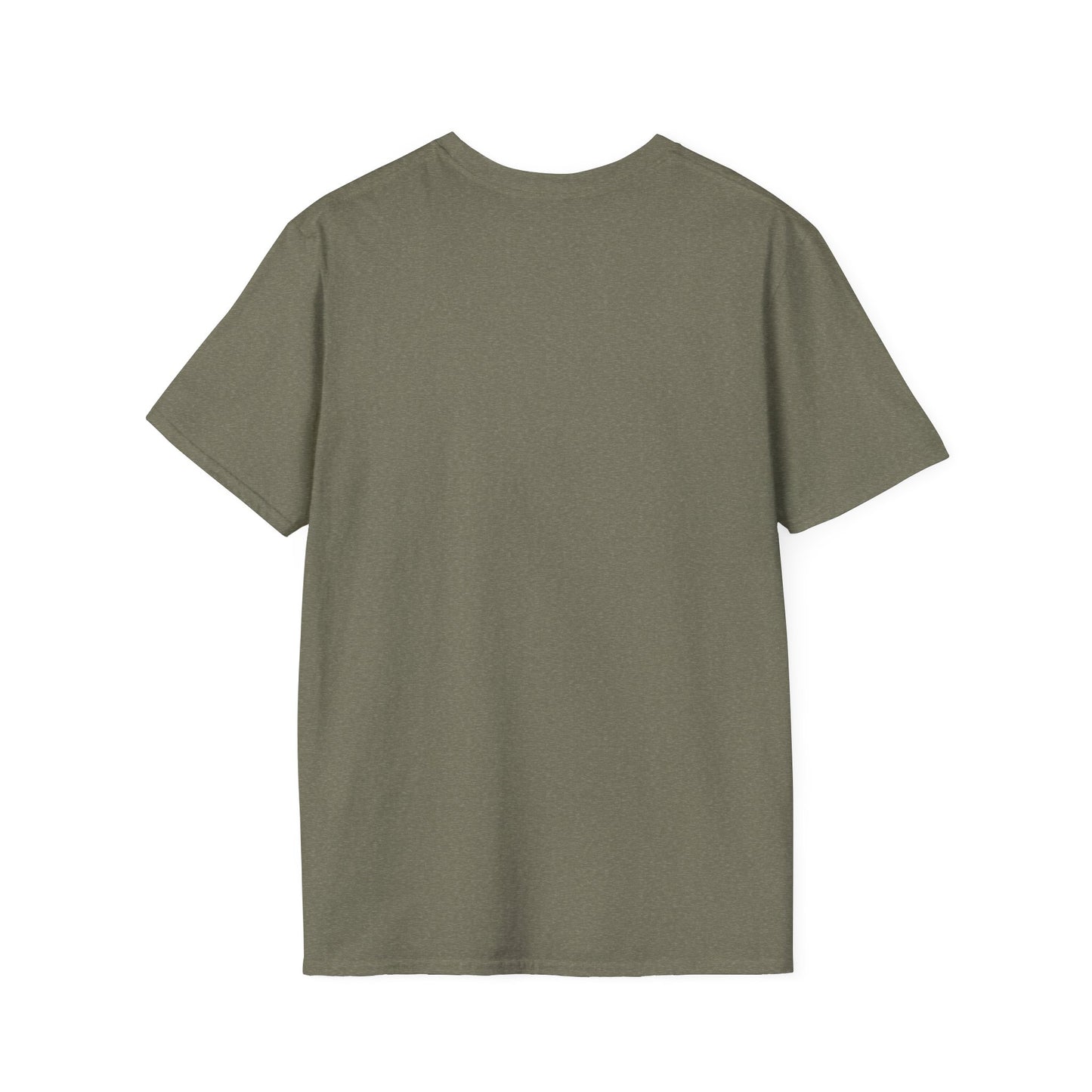 Olive green unisex t-shirt from Printify laid flat showing the back of the funny raccoon t-shirt