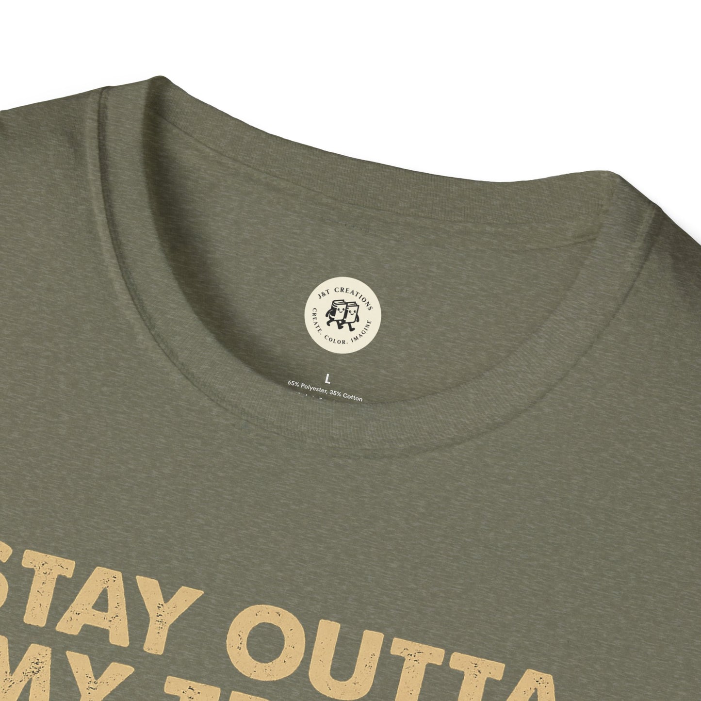 Close-up of olive green funny raccoon t-shirt collar and partial printed text from Printify