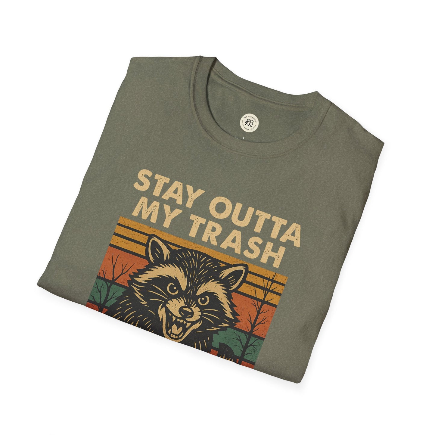 Printify funny raccoon t-shirt in olive green with Stay Outta My Trash design