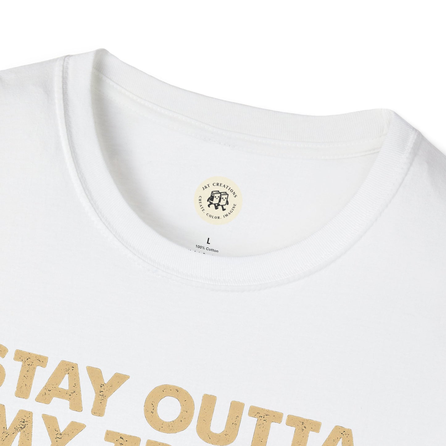 Close-up of white funny raccoon t-shirt collar and partial text print by Printify in size large