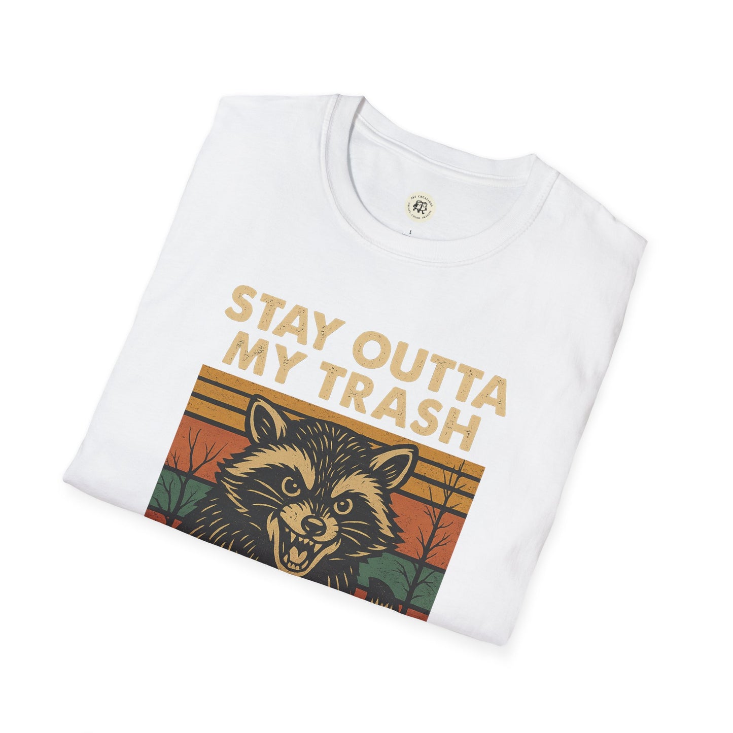 White funny raccoon t-shirt with Stay Outta My Trash graphic design by Printify