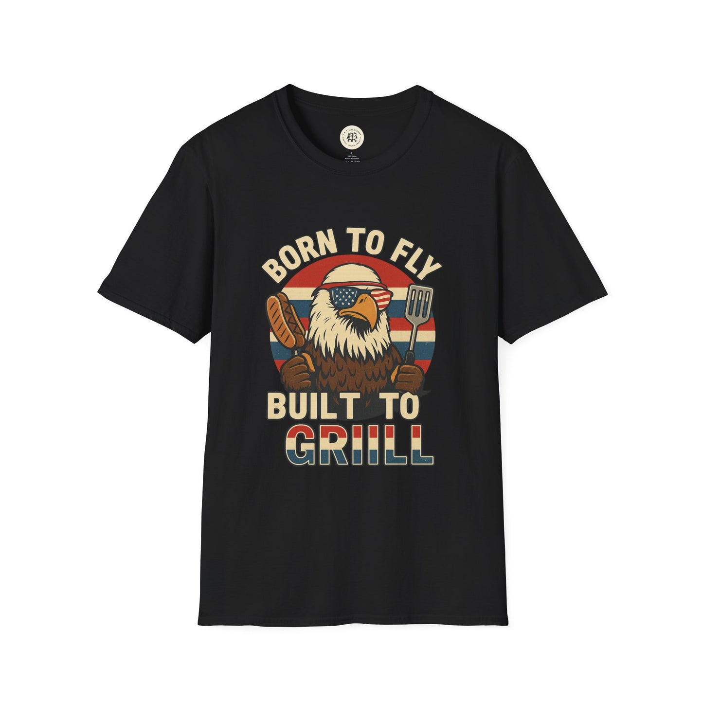 Printify black T-shirt with funny summer BBQ shirts design featuring eagle holding grill tools and Born to Fly Built to Grill text