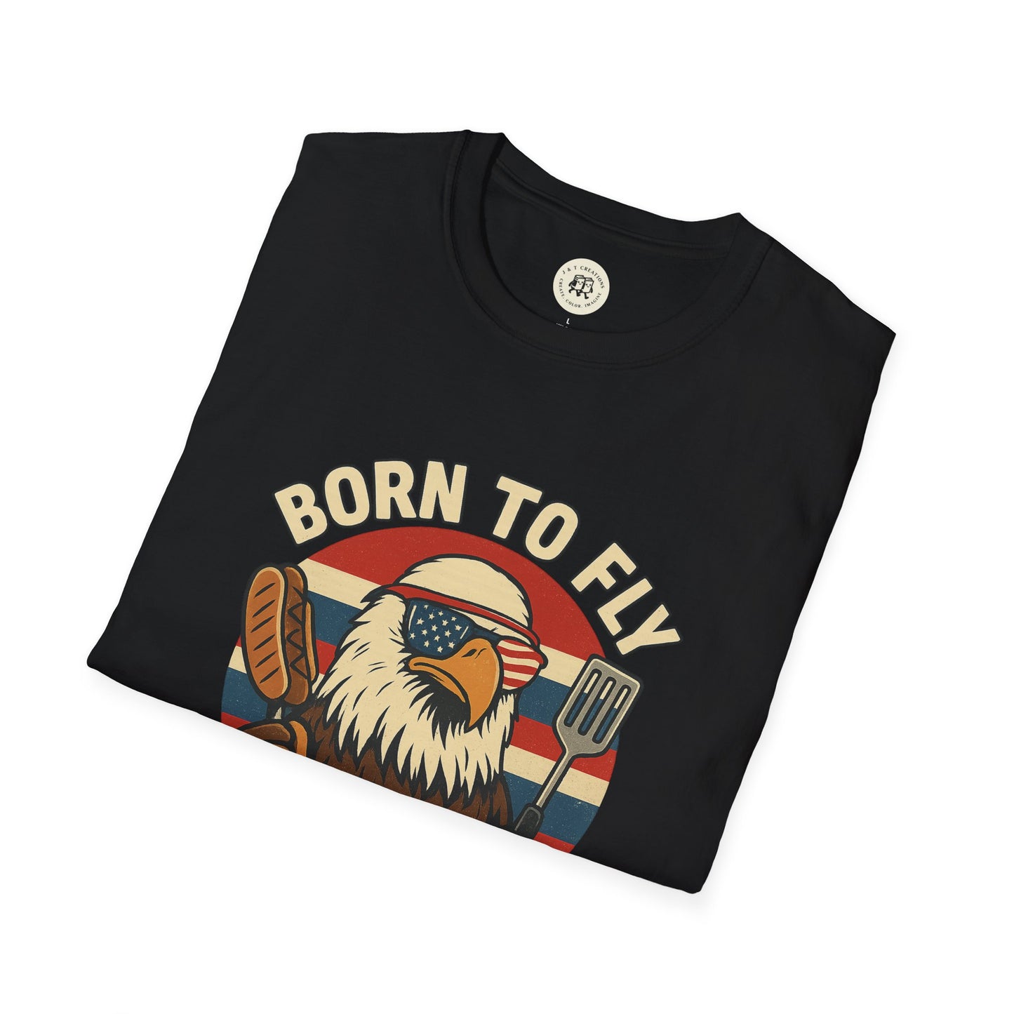 Black Printify T-shirt with Born to Fly eagle grilling design funny summer BBQ shirts