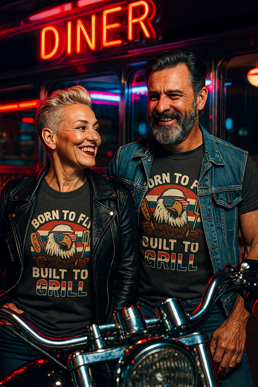 Couple wearing funny summer BBQ shirts with eagle grill design standing by motorcycle at diner