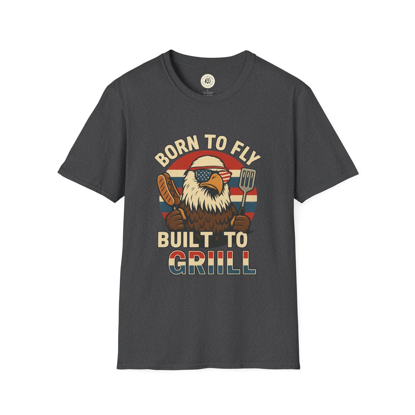 Printify funny summer BBQ shirts black T-shirt with eagle graphic holding grill spatula and sausage