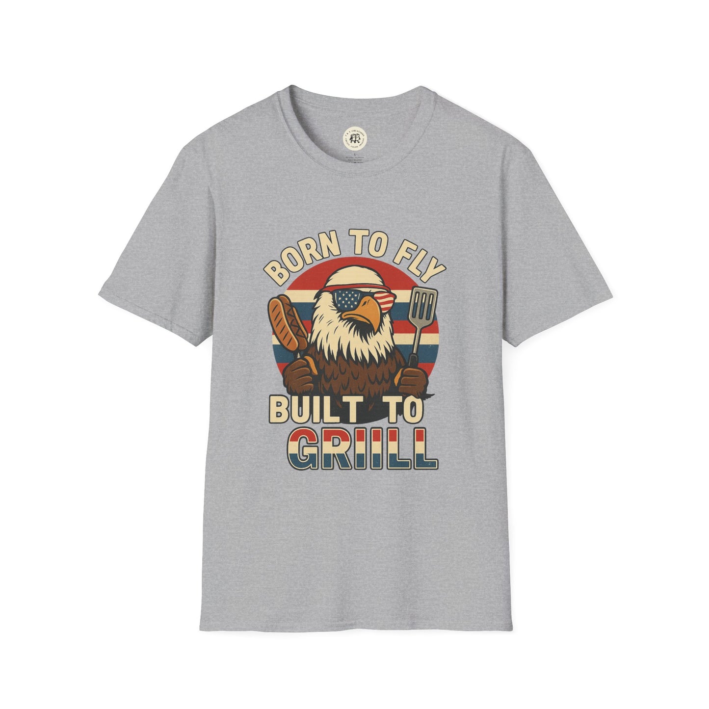 Gray Printify T-shirt with funny summer BBQ shirts design featuring eagle holding grill tools