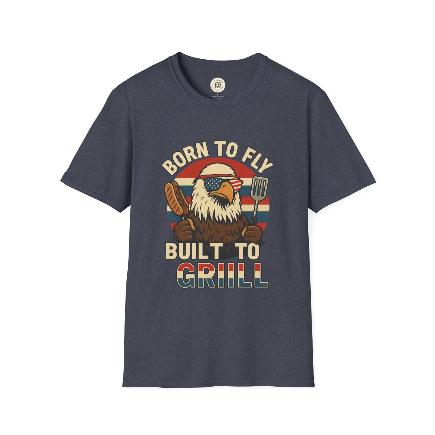 Printify funny summer BBQ shirts with eagle holding grilling tools and Born to Fly Built to Grill text