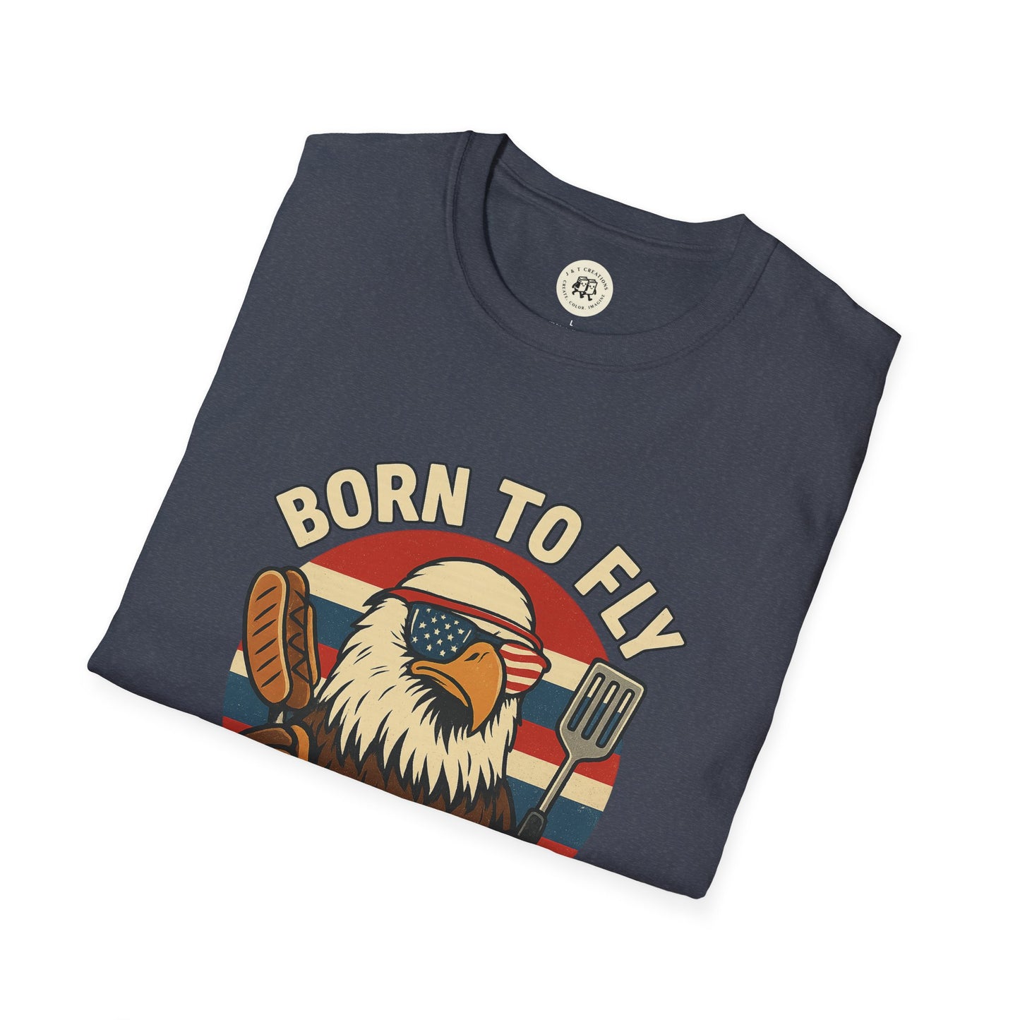 Printify funny summer BBQ shirts with eagle holding steak and spatula wearing American flag sunglasses