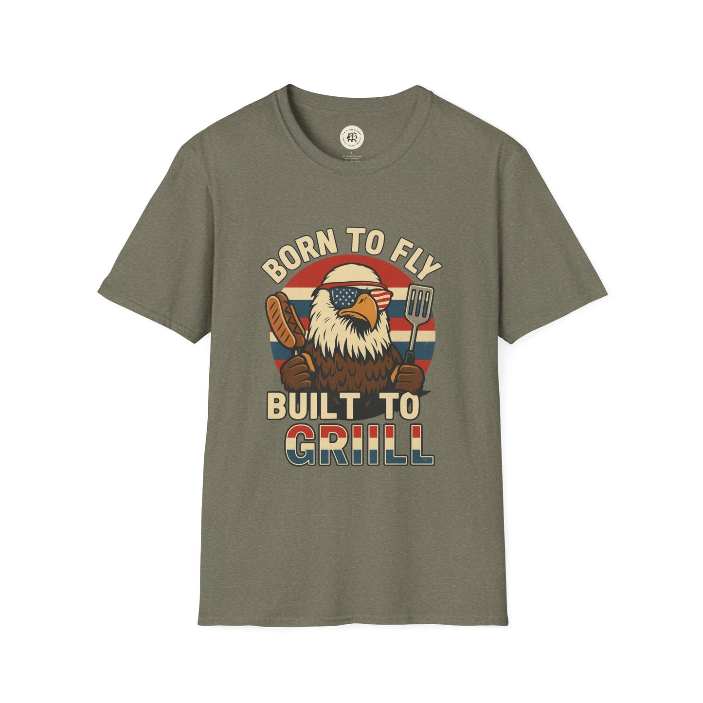 Printify funny summer BBQ shirts featuring eagle with spatula and grilled meat graphic on olive green t-shirt