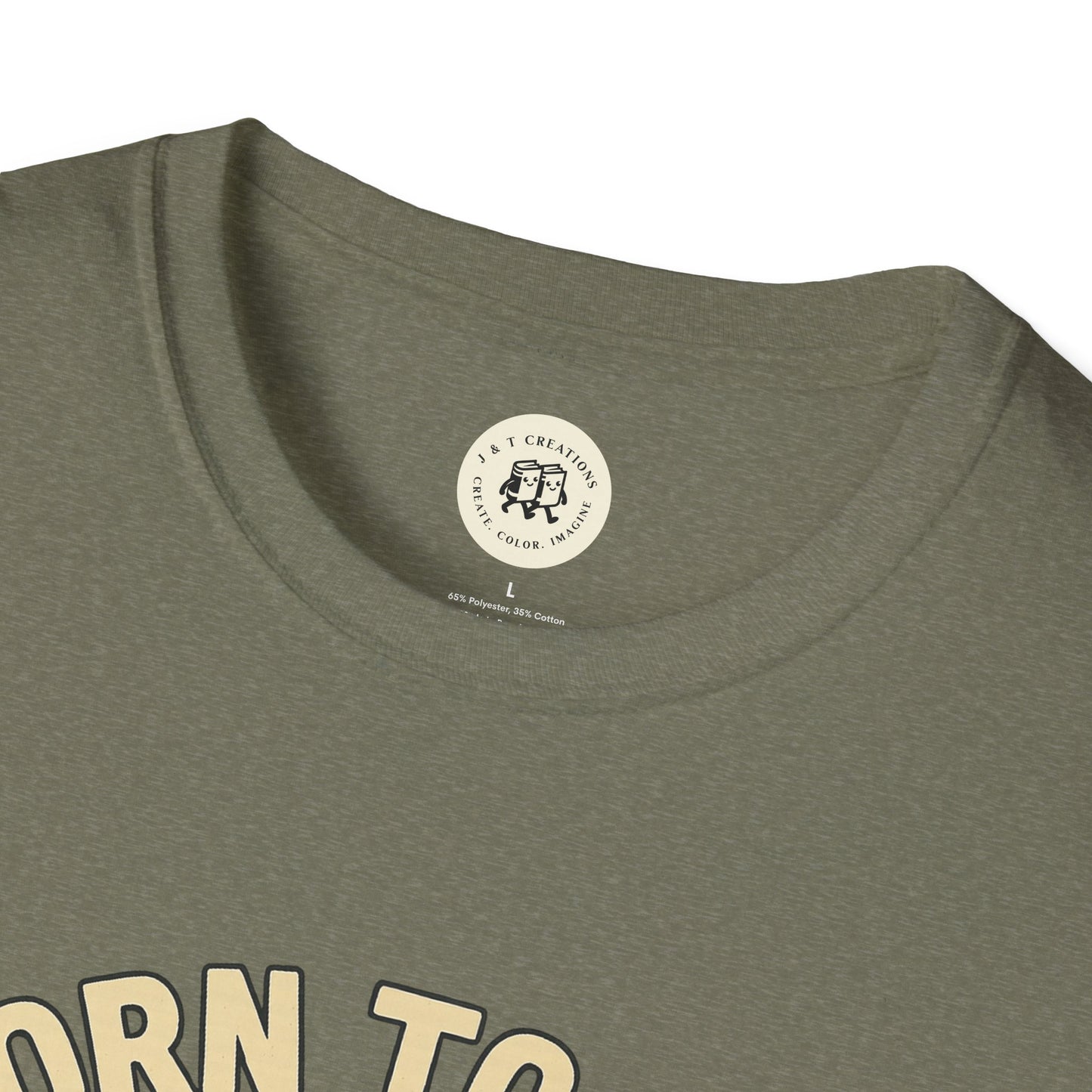 Printify olive green T-shirt close-up showing collar and label for funny summer BBQ shirts
