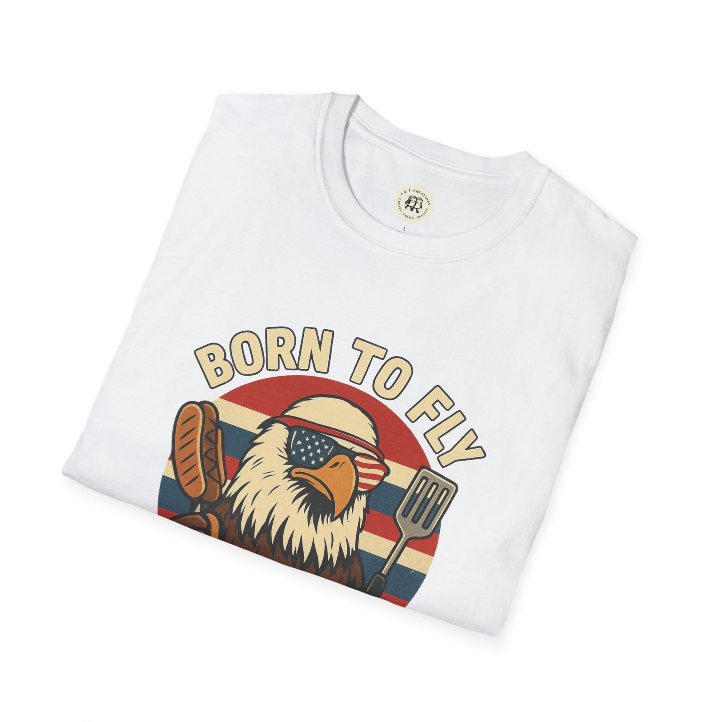 Printify white T-shirt with funny summer BBQ shirts design featuring patriotic eagle holding spatula and sausage