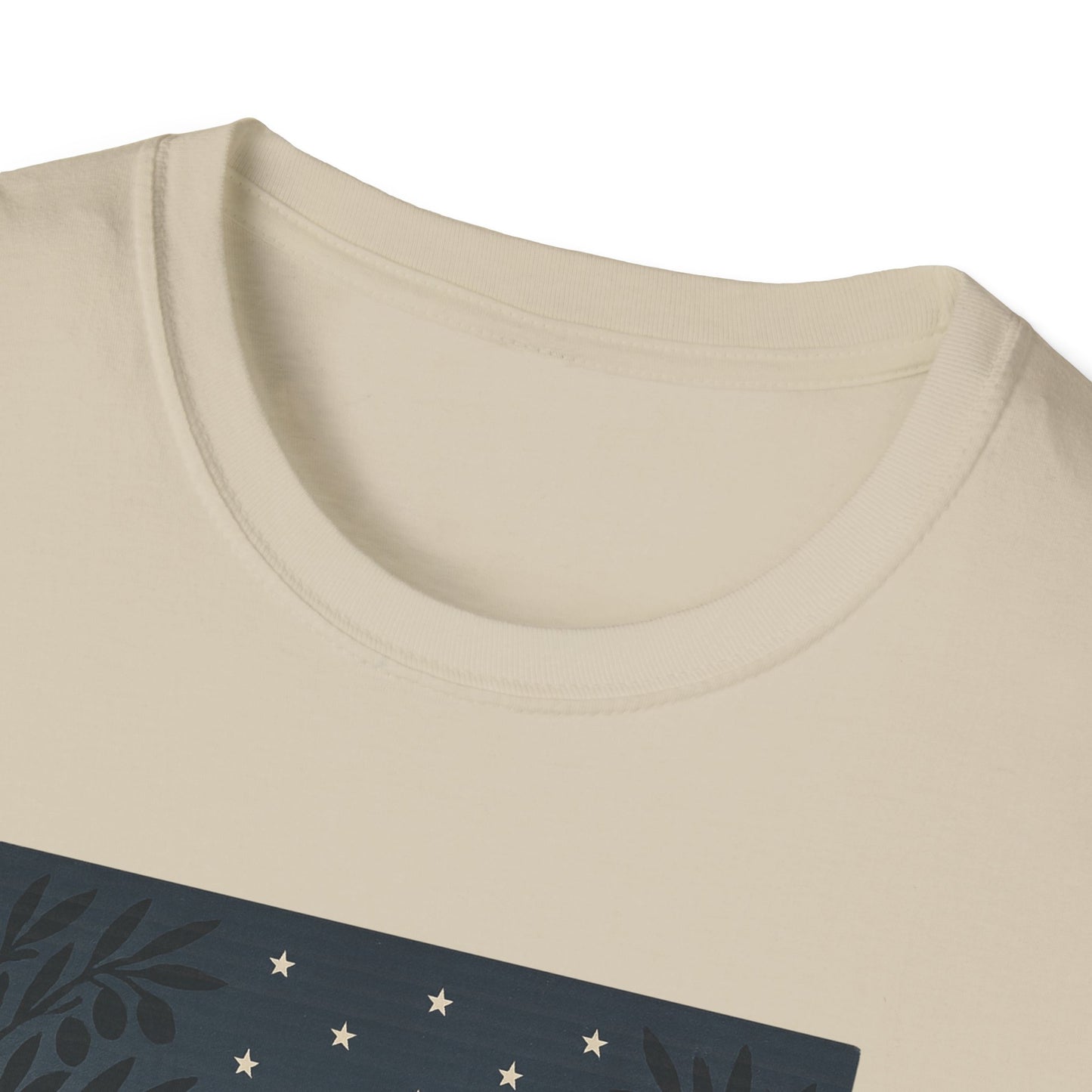 Close-up of Printify golden gate bridge summer t-shirt with cream neck and dark blue graphic