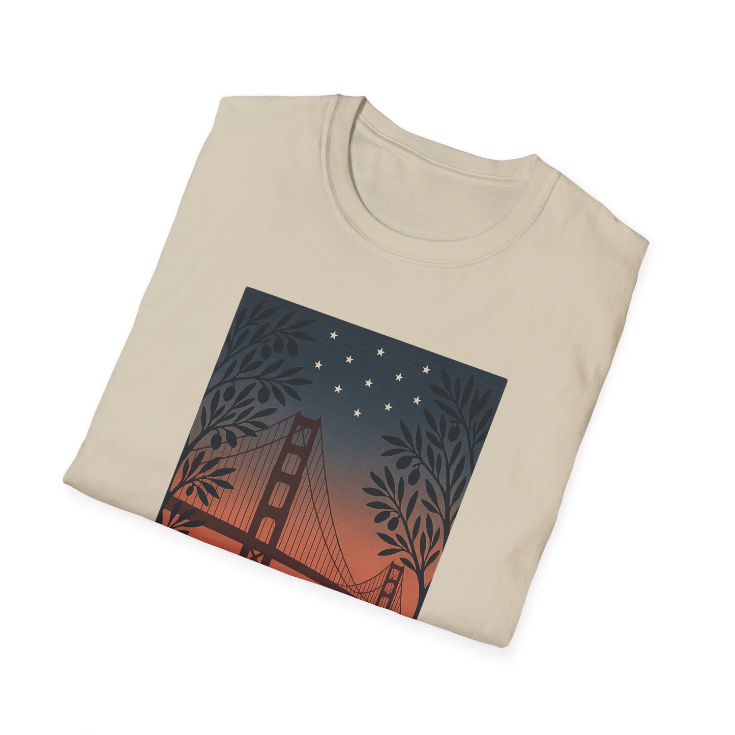 Printify beige golden gate bridge summer t-shirt with artistic sunset and star design