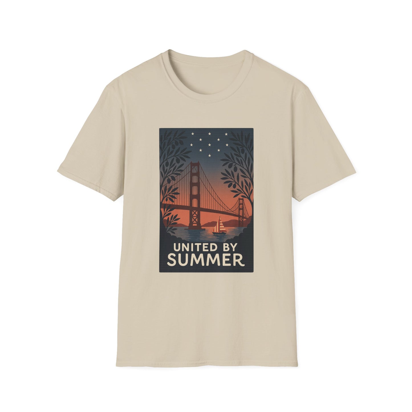 Printify beige t-shirt featuring a sunset Golden Gate Bridge summer t-shirt design with united by summer text