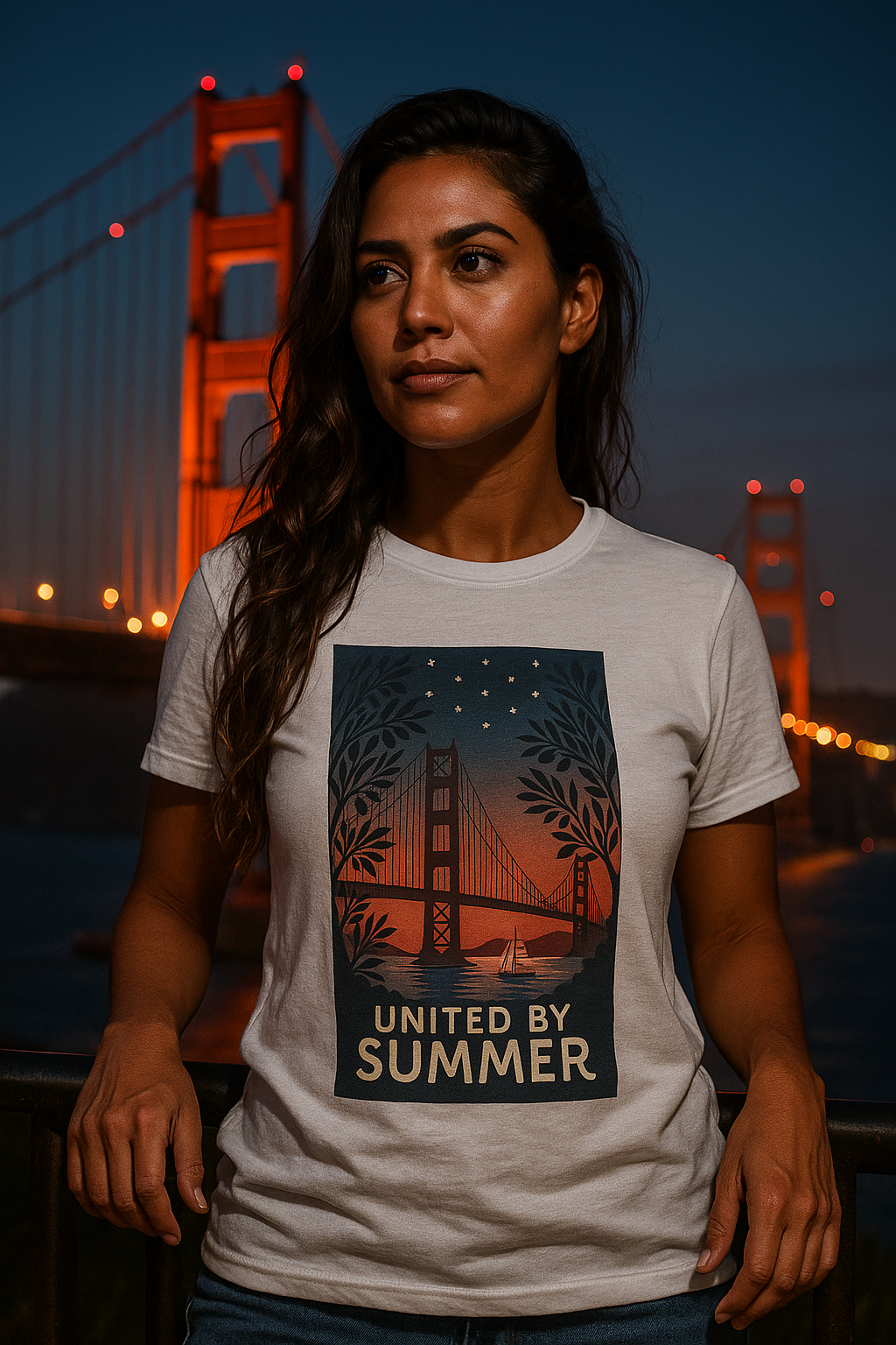 Printify golden gate bridge summer t-shirt with sunset design worn by woman at night