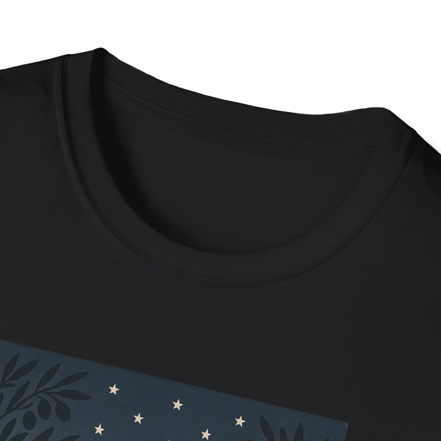 Black Printify t-shirt featuring a golden gate bridge summer t-shirt design with stars and leaves