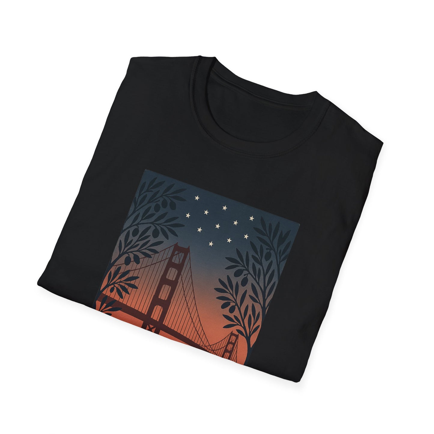 Printify black t-shirt featuring a golden gate bridge summer t-shirt design with a sunset and stars