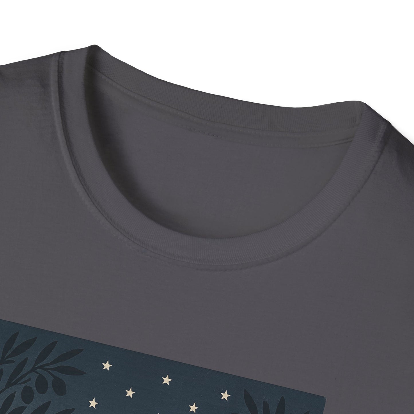 Close-up of Printify gray golden gate bridge summer t-shirt with star and leaf design on chest