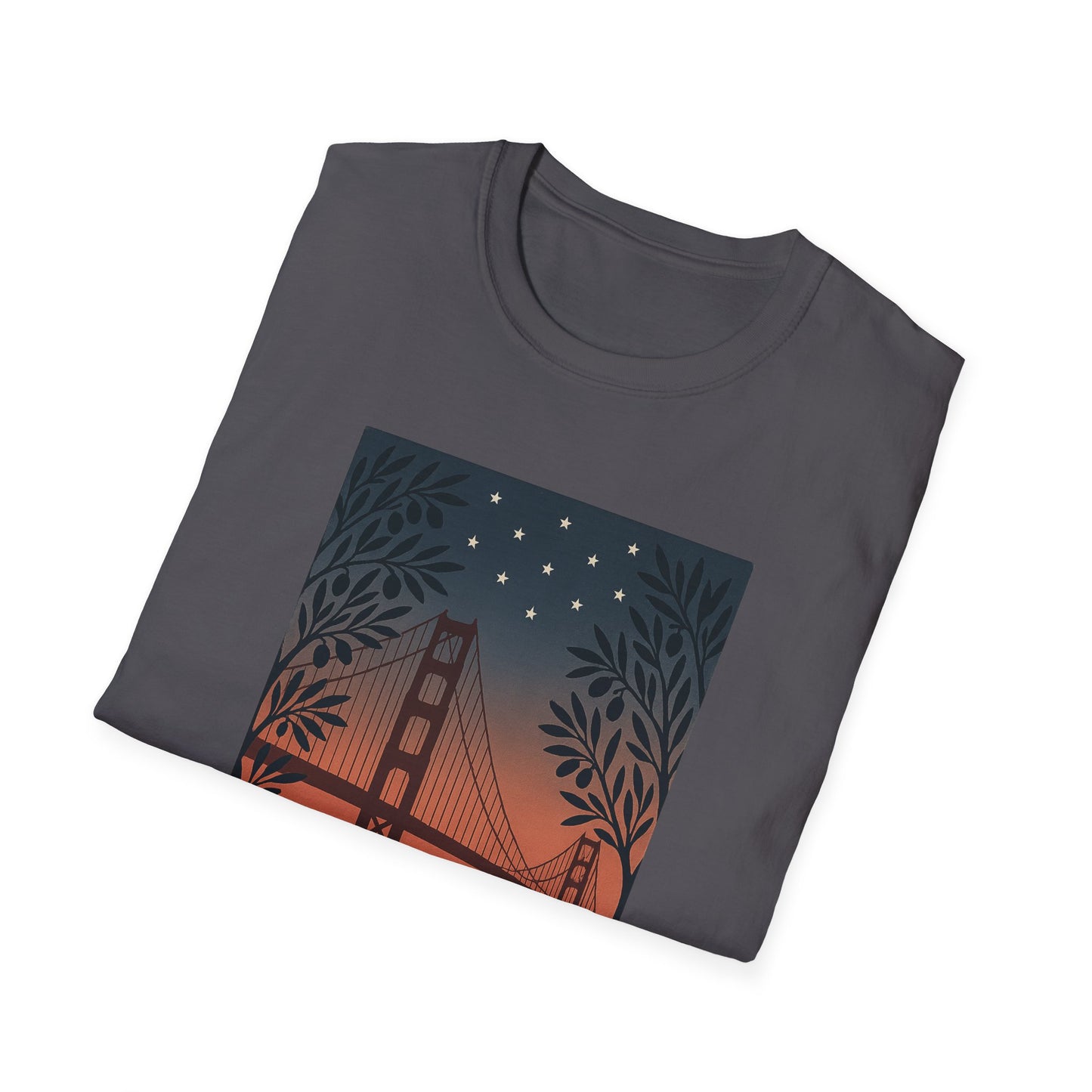 Printed dark gray golden gate bridge summer t-shirt with sunset design and stars by Printify