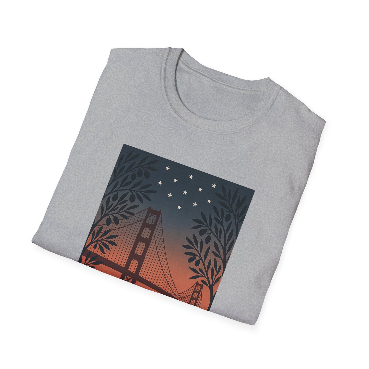 Gray Printify t-shirt featuring a golden gate bridge summer t-shirt design with stars and foliage at sunset