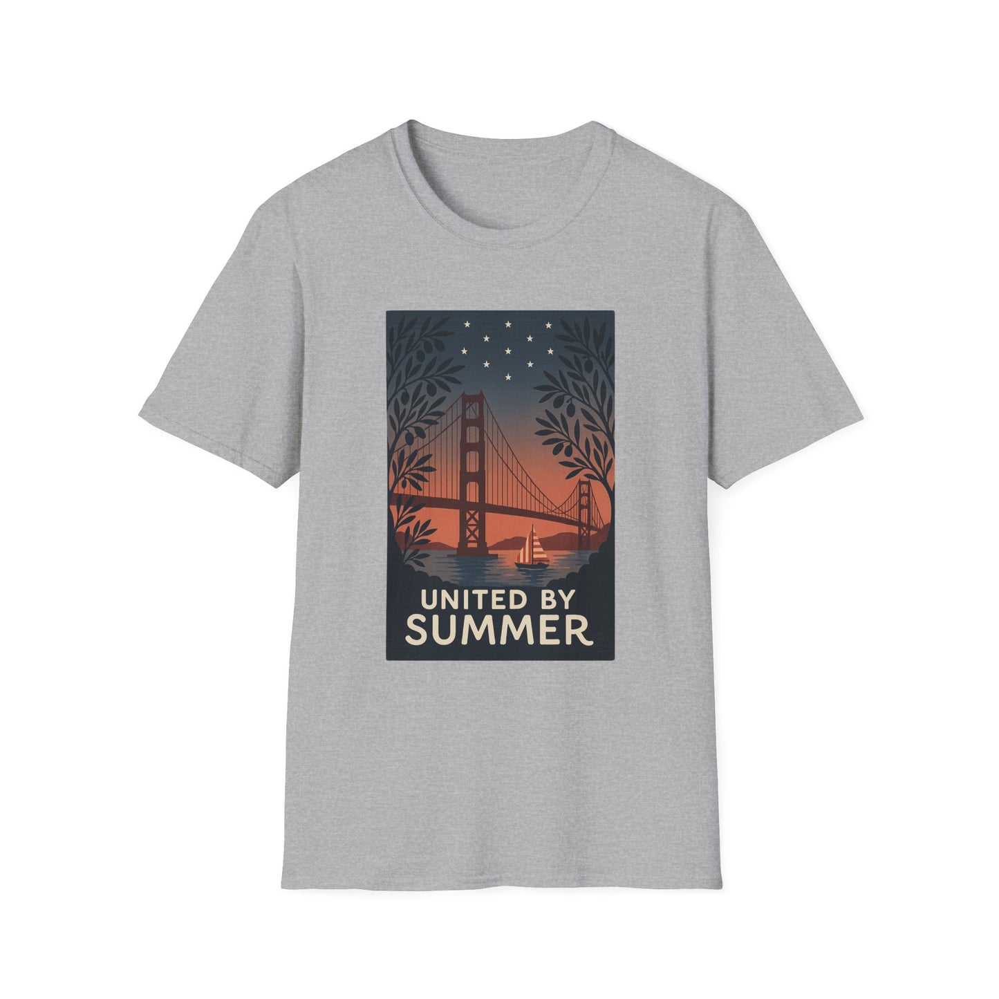 Gray Printify t-shirt featuring a golden gate bridge summer t-shirt design with sunset and stars