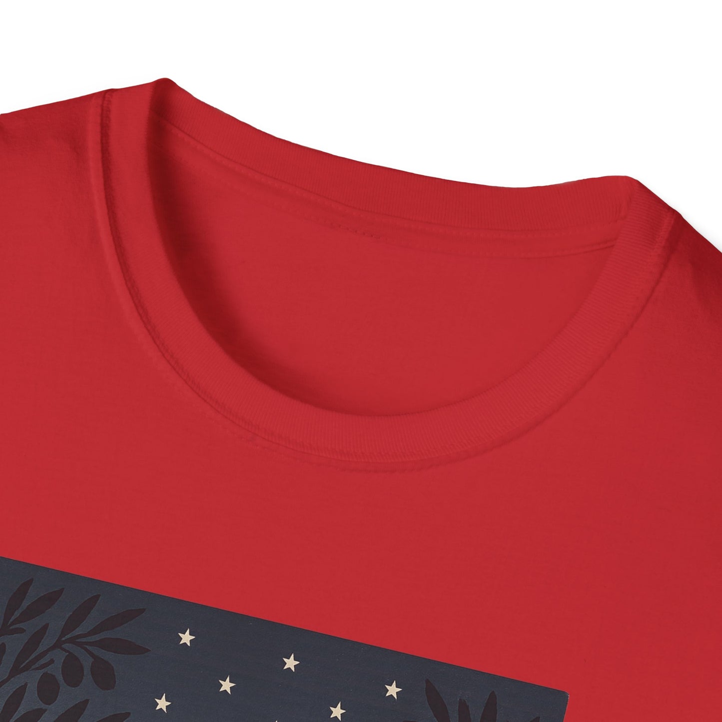 Red Printify golden gate bridge summer t-shirt with close-up of collar and part of graphic design