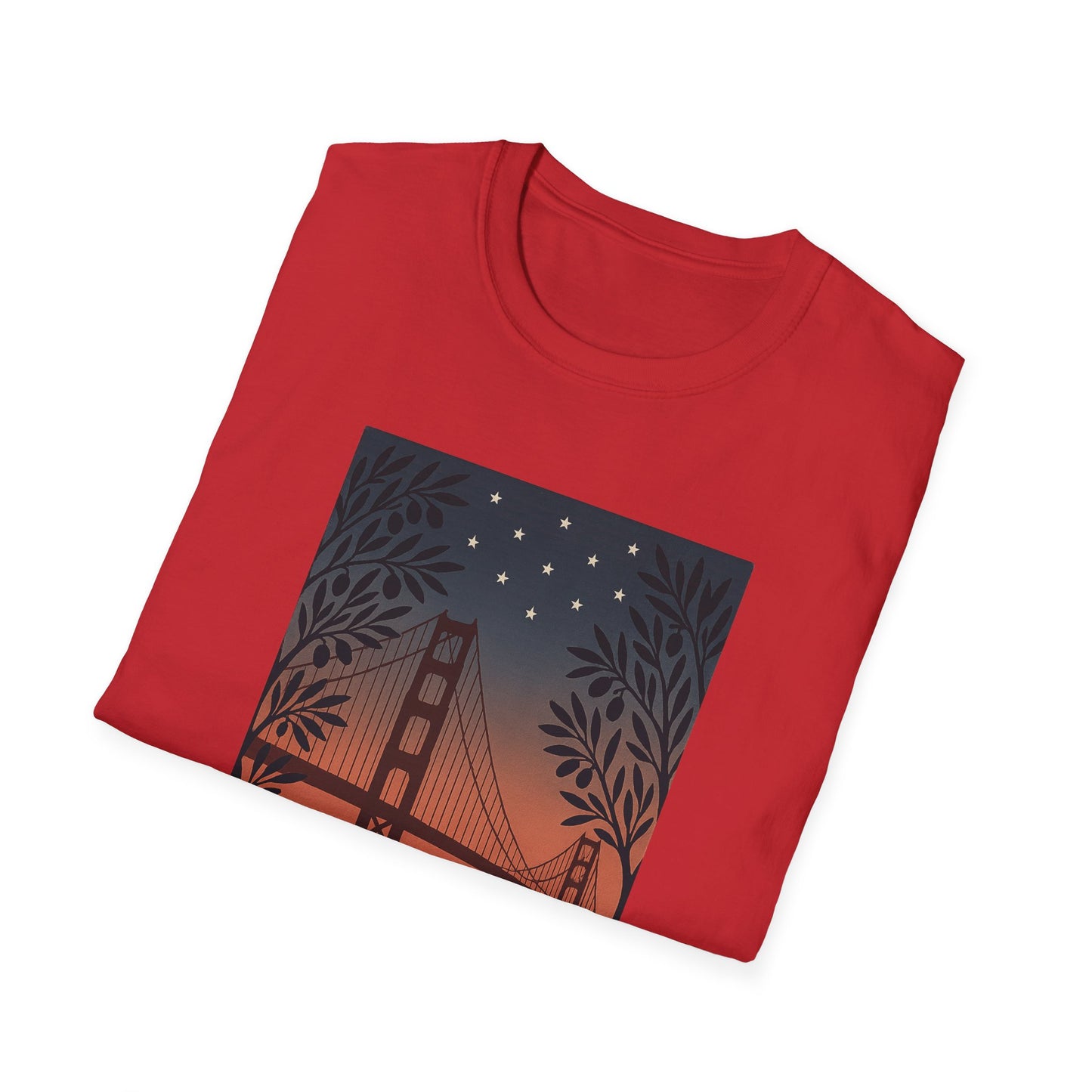 Red Printify t-shirt featuring a scenic Golden Gate Bridge summer t-shirt design with stars and foliage