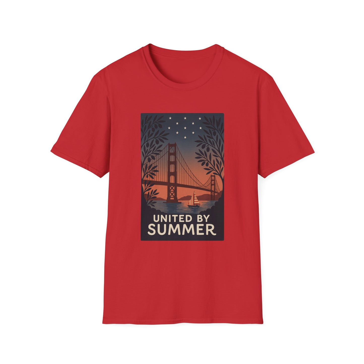 Red Printify t-shirt featuring golden gate bridge summer t-shirt design with sunset and stars