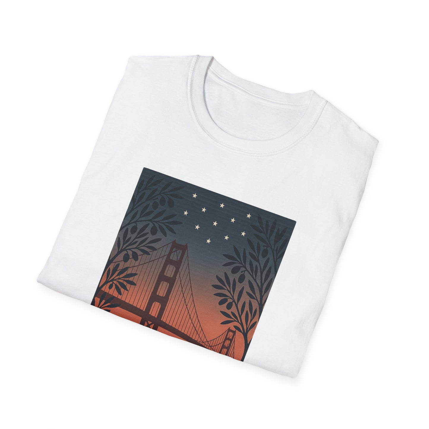 White Printify t-shirt featuring a golden gate bridge summer t-shirt design with stars and foliage at sunset