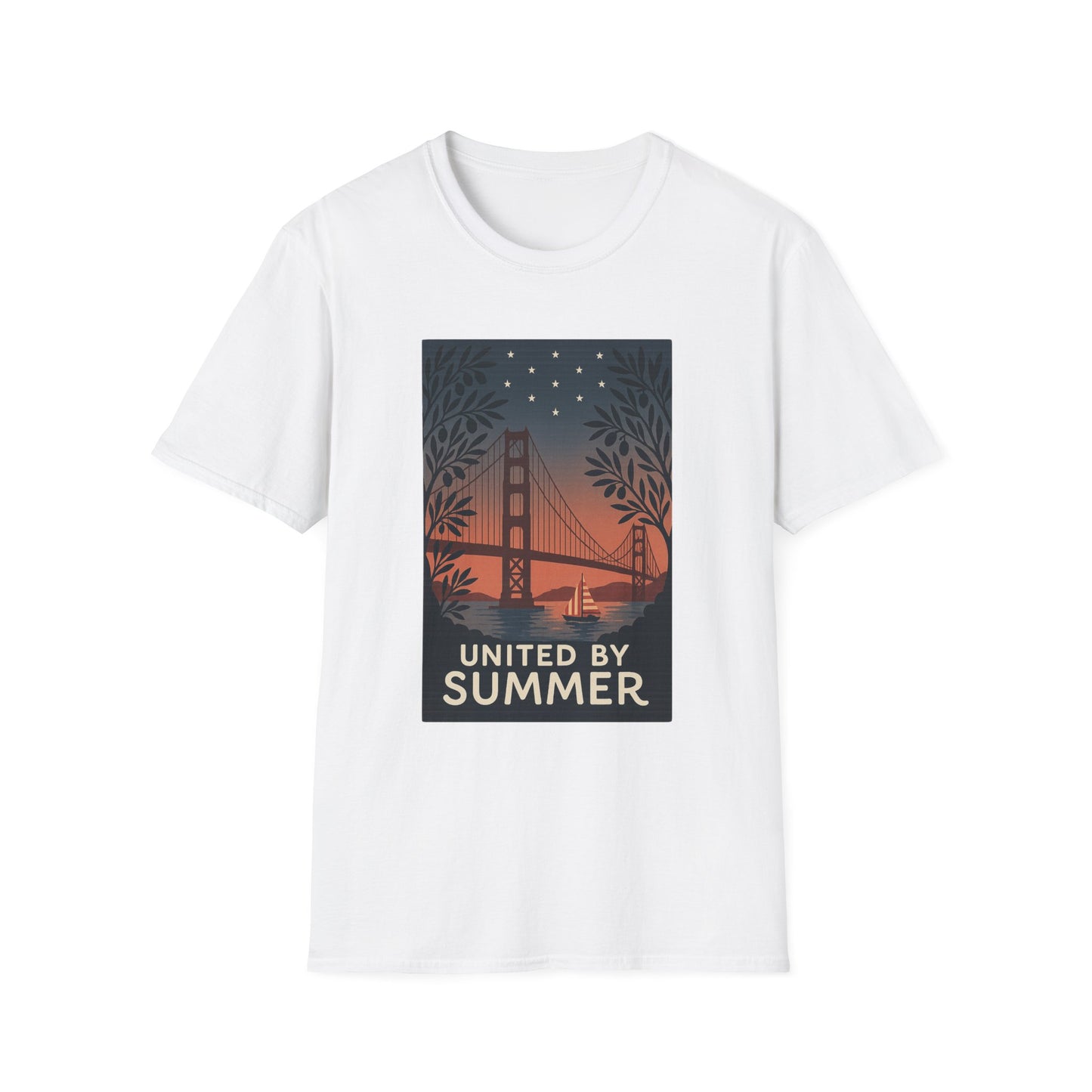 Printify white golden gate bridge summer t-shirt with sunset graphic and united by summer text
