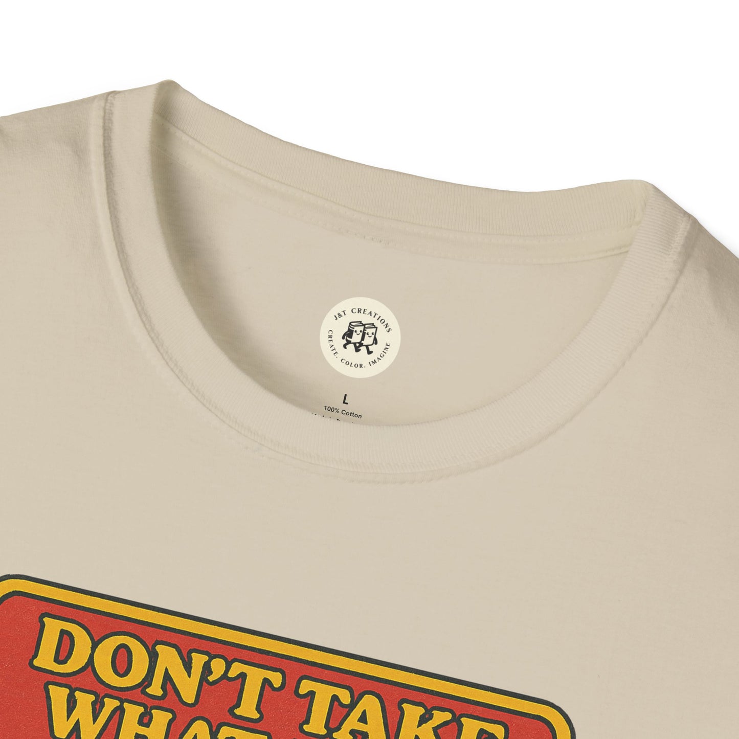 Close-up of Printify Gollum property safety t-shirt in beige showing neckline and text design
