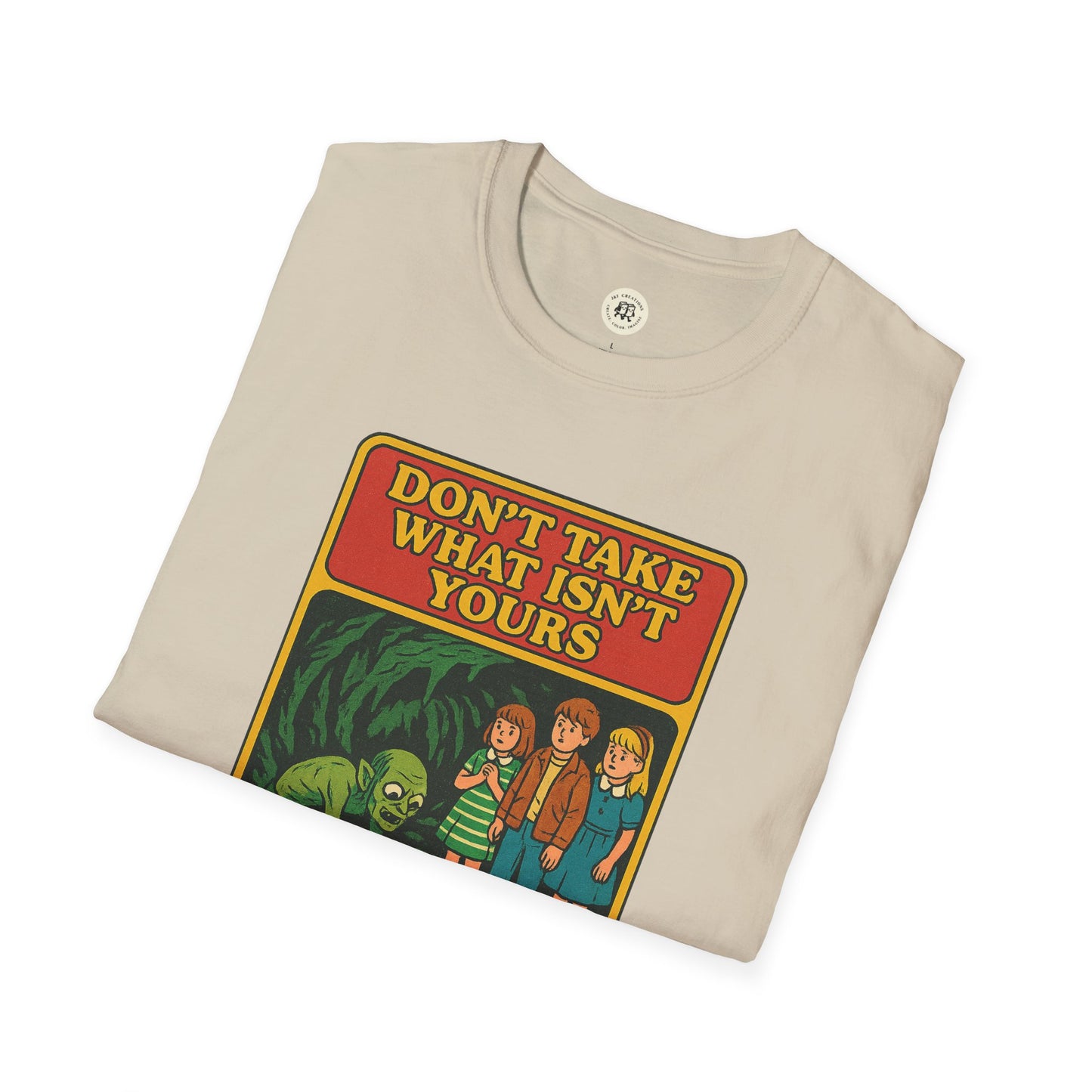 Printify Gollum property safety t-shirt with retro style graphic and Don't Take What Isn't Yours text