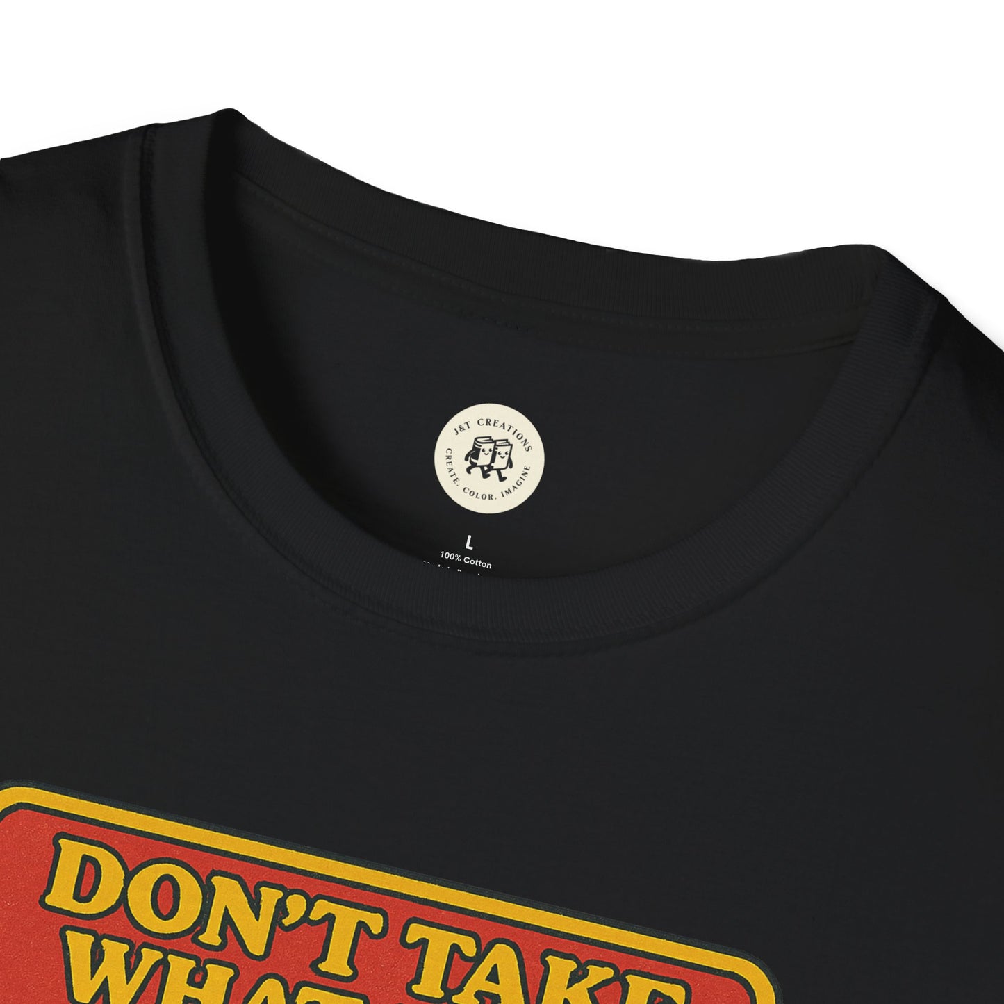 Black Gollum property safety t-shirt by Printify featuring bold yellow and red text design