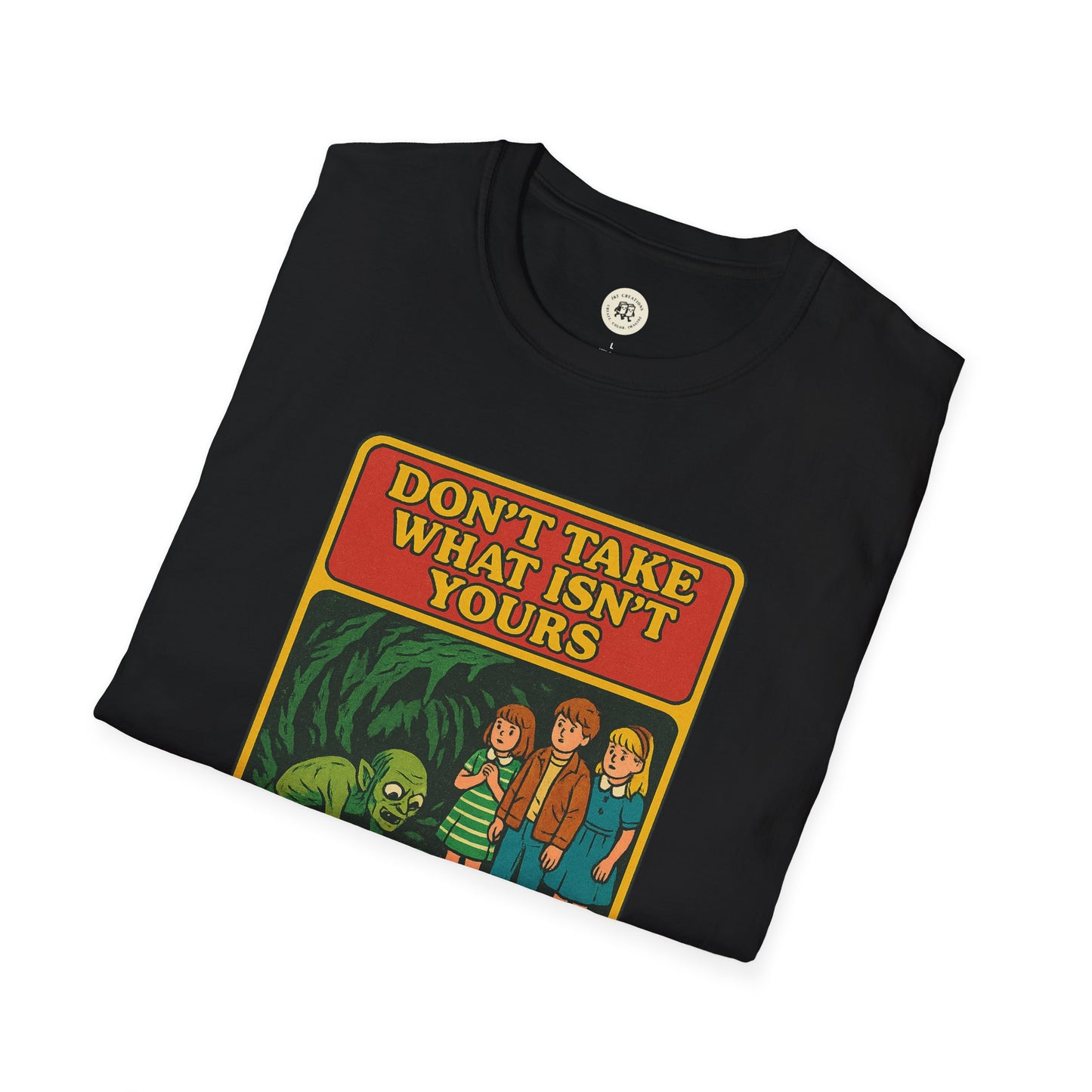 Black Gollum property safety t-shirt with vintage cartoon design and bold warning text
