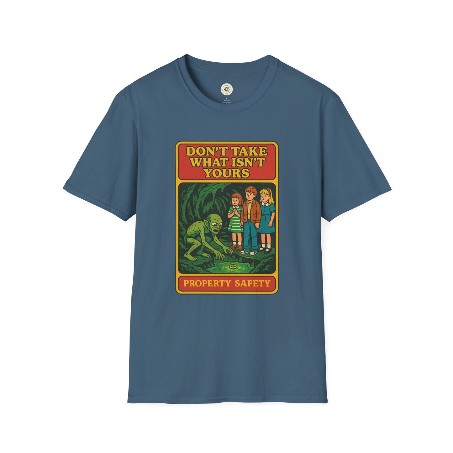 Printify Gollum property safety t-shirt in blue with vintage style graphic and warning message