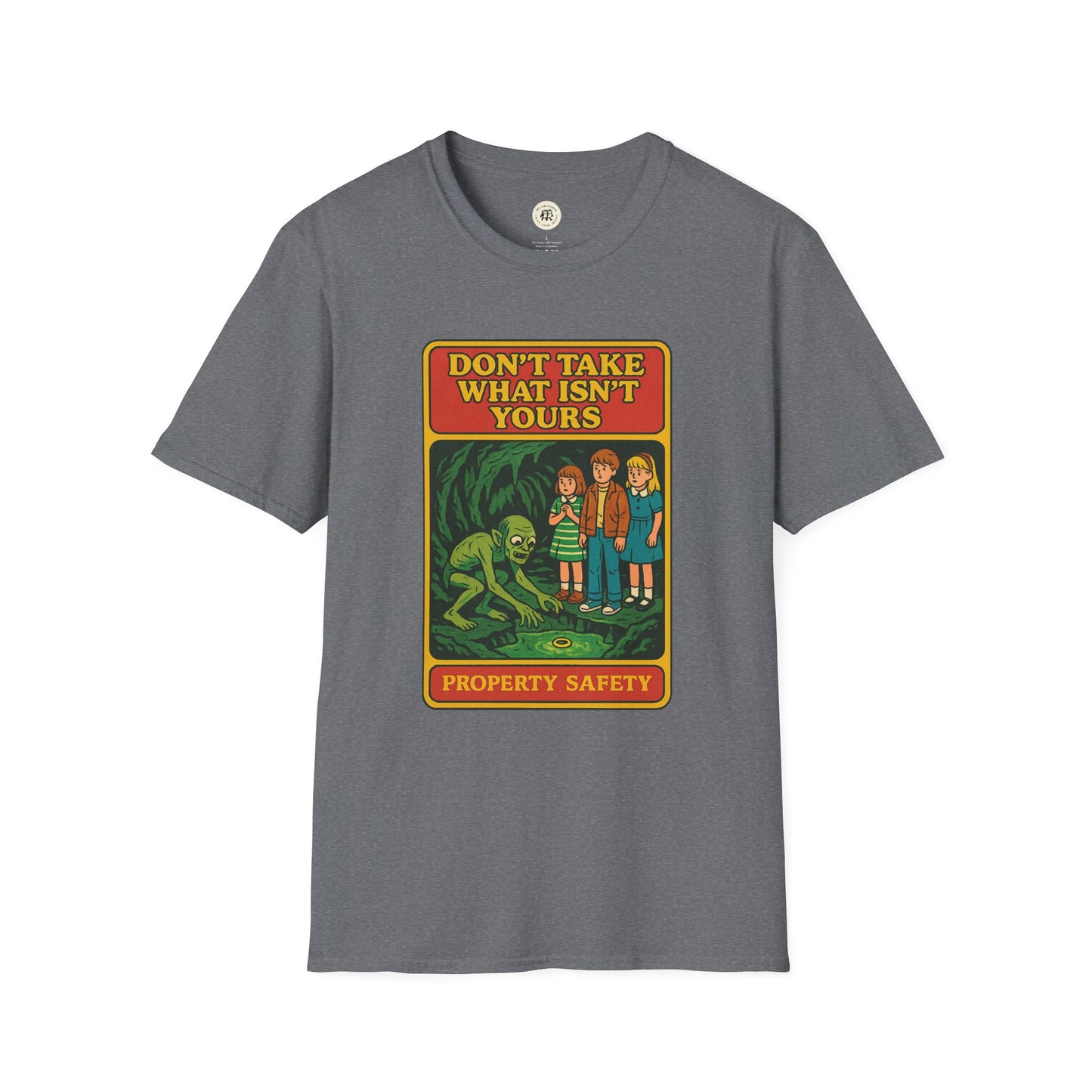 Gollum property safety t-shirt in gray with a graphic of Gollum and children warning about property safety