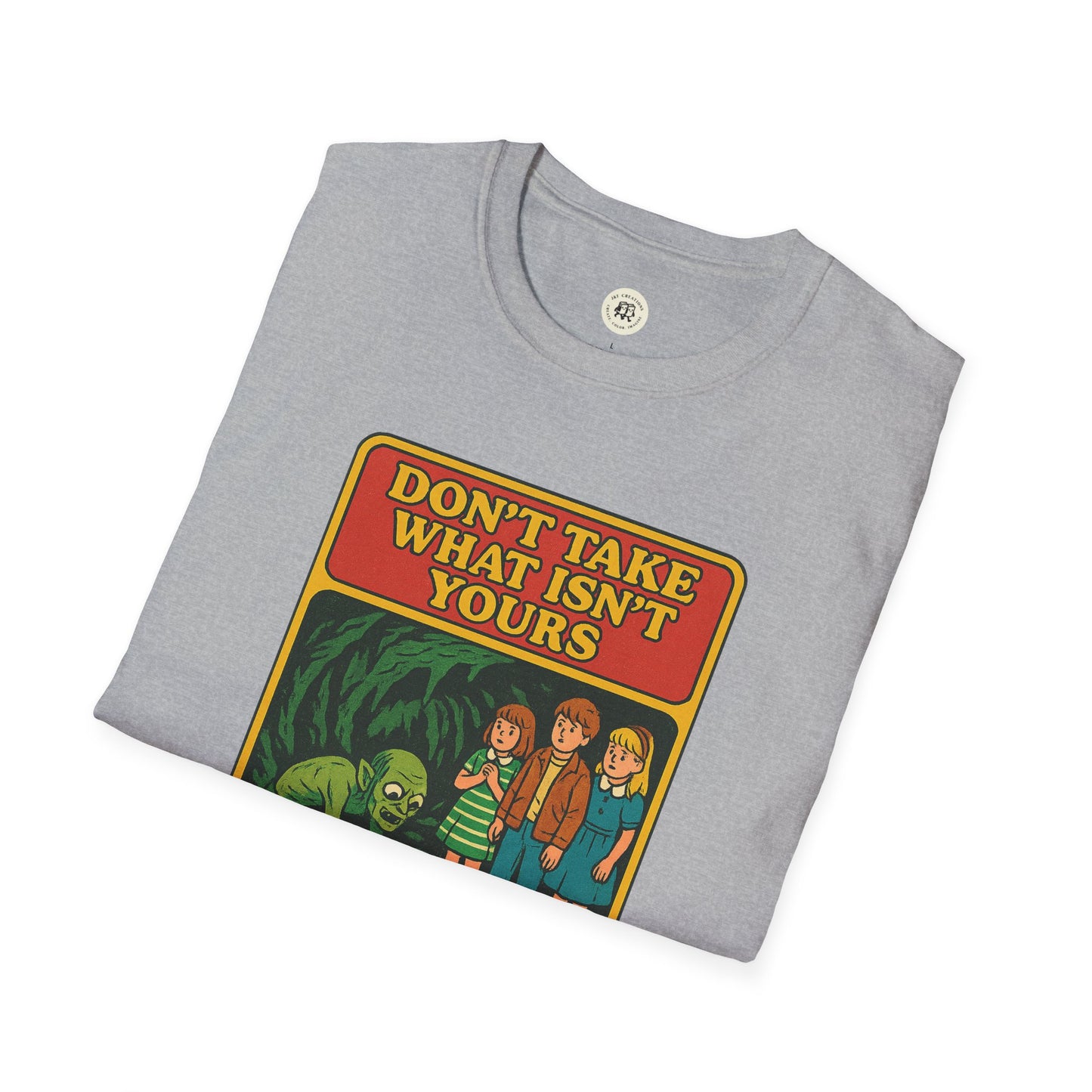 Gray Gollum property safety t-shirt with cartoon graphic and text Don't Take What Isn't Yours