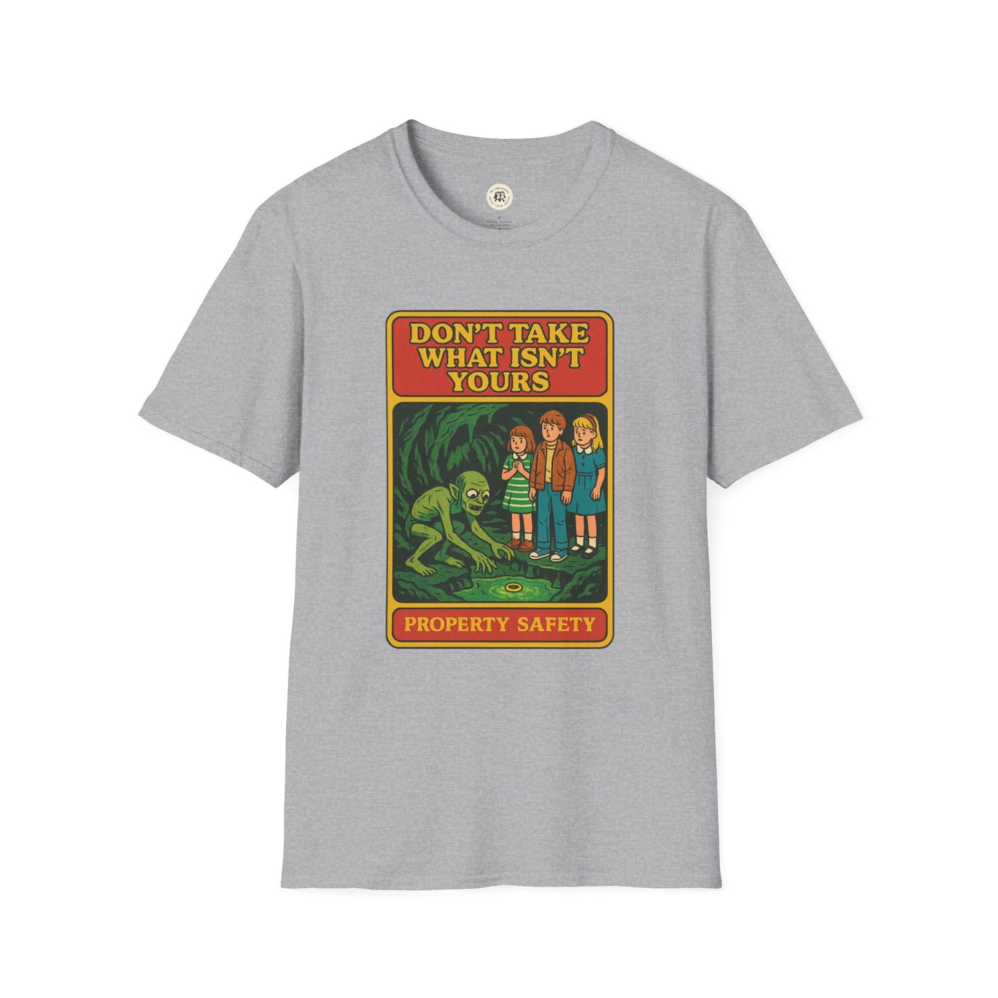 Gray Printify Gollum property safety t-shirt with vintage style cartoon and safety message