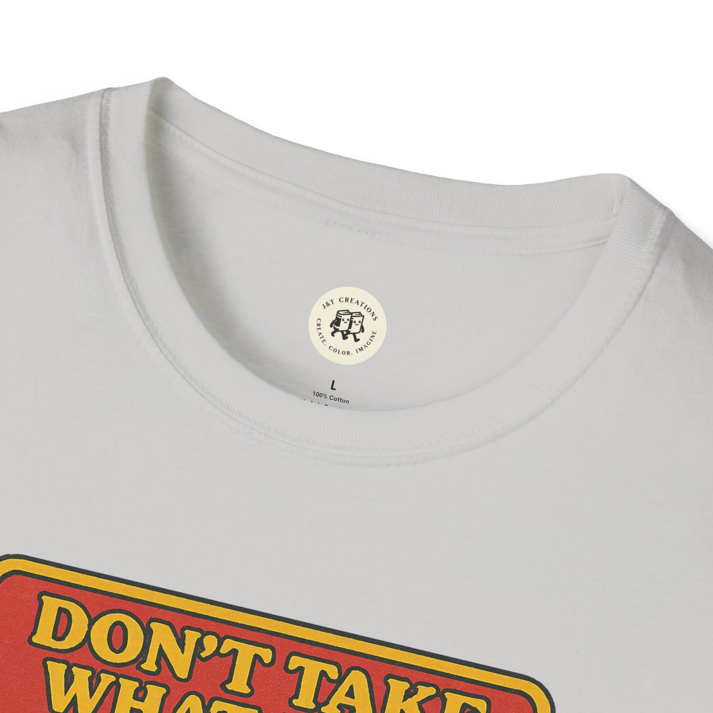 White Gollum property safety t-shirt by Printify featuring bold yellow and red text design
