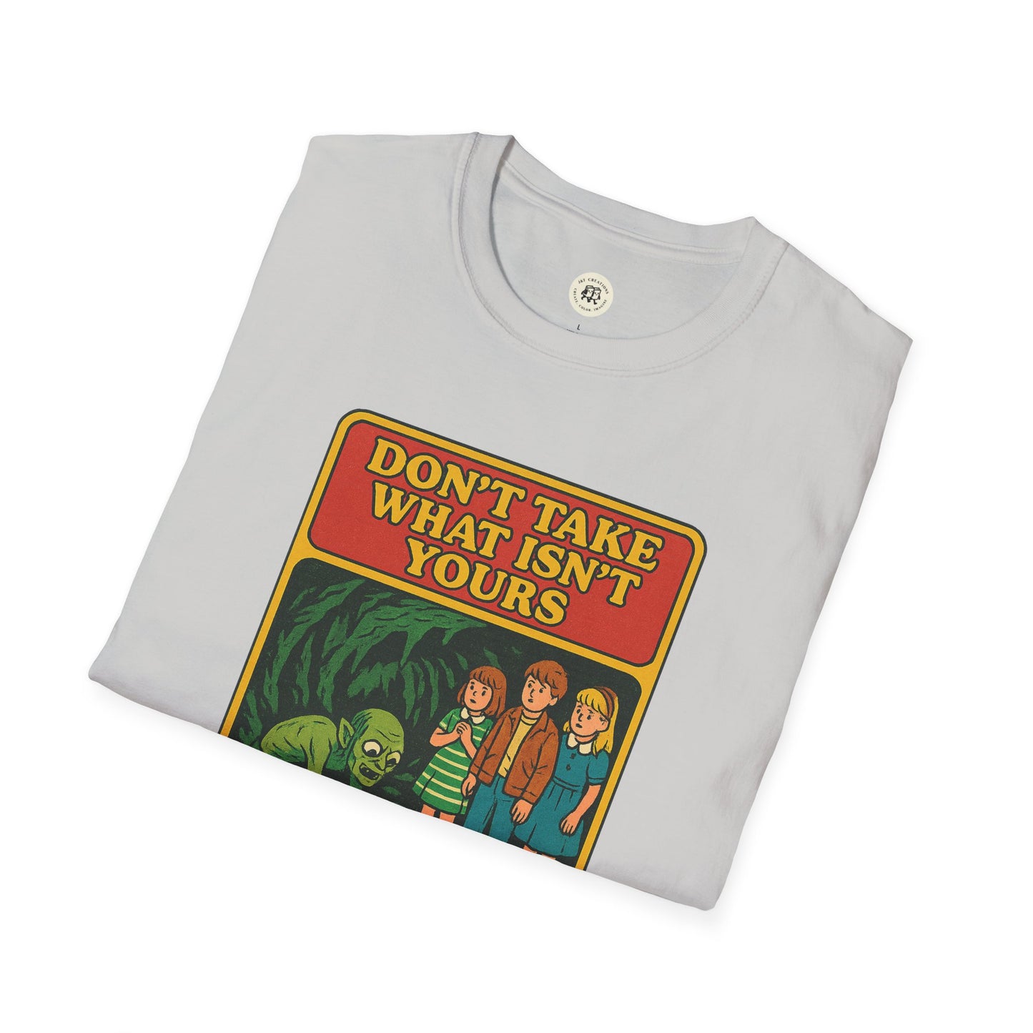Printify Gollum property safety t-shirt with vintage cartoon design and warning message