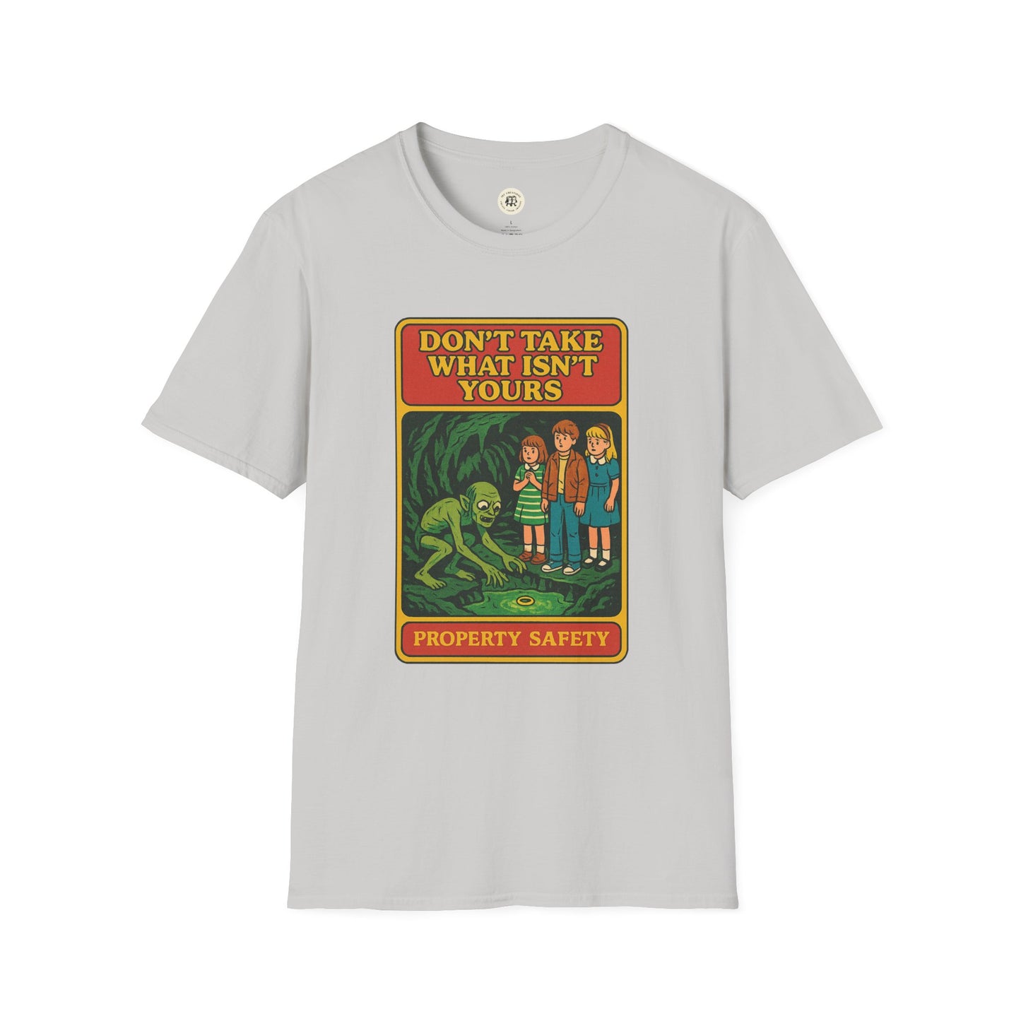 Printify Gollum property safety t-shirt with vintage style graphic and warning text on light gray fabric