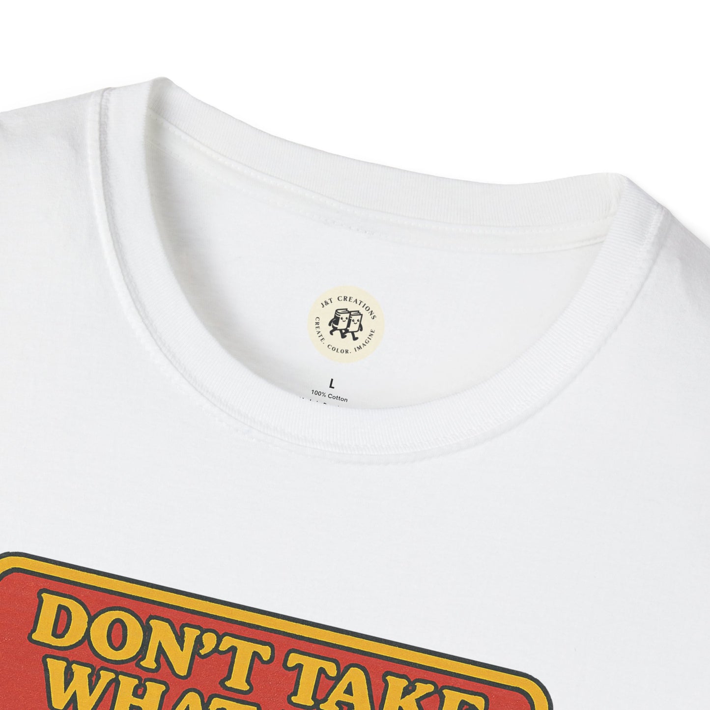 White Gollum property safety t-shirt by Printify with bold yellow and red graphic text design
