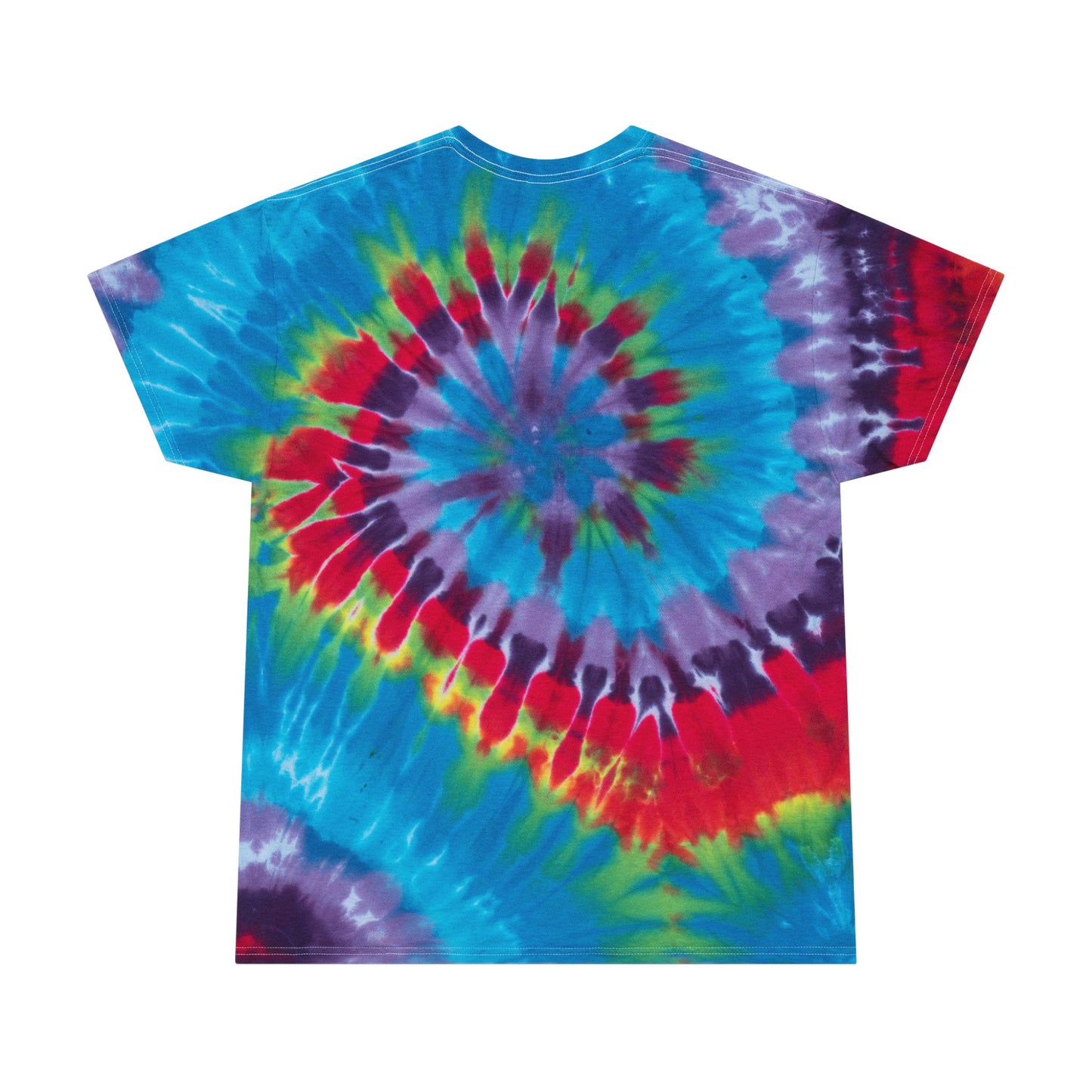 Back view of Printify festival tie dye t shirt with vibrant blue red purple and yellow spiral design