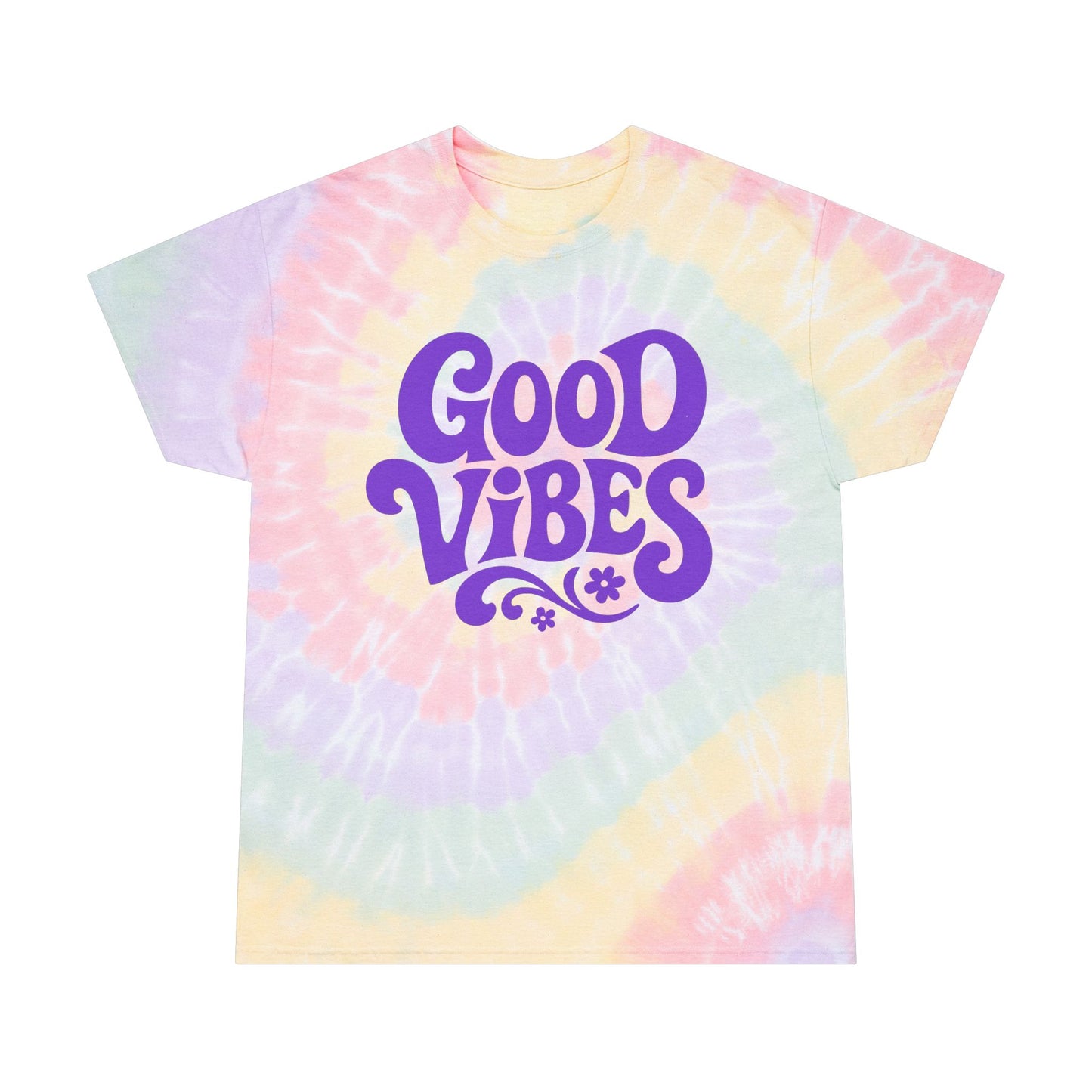 Printify rainbow tie-dye t-shirt with Good Vibes graphic in purple on pastel swirl background