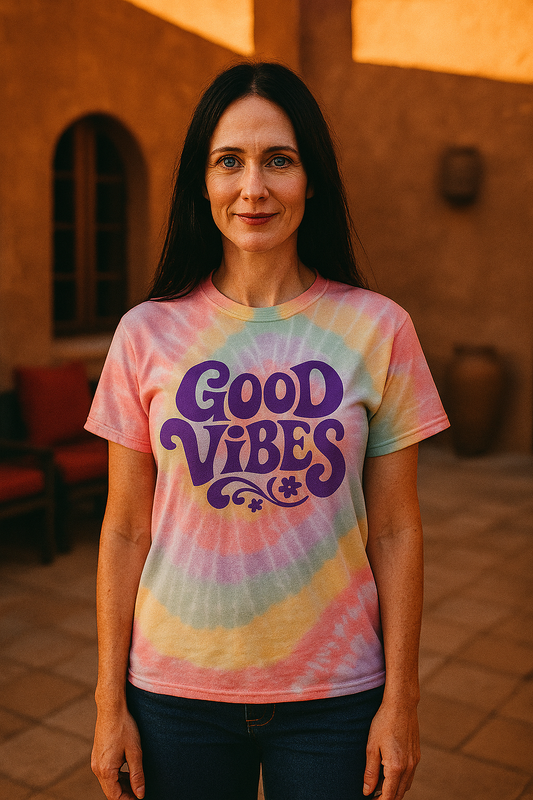 Printify rainbow tie-dye t-shirt with Good Vibes text worn by woman outdoors