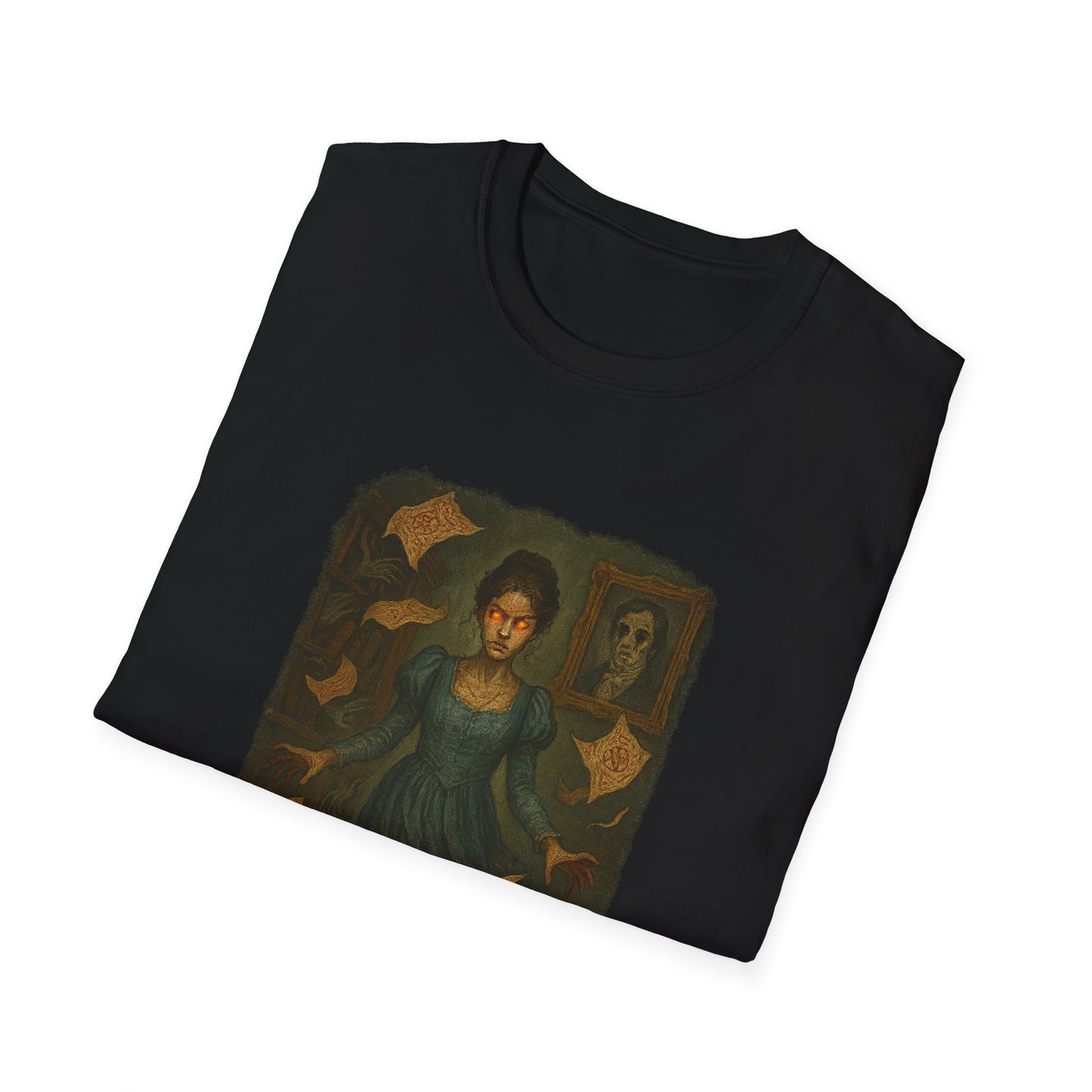 Black Gothic Pride and Prejudice shirt with dark Victorian woman and spooky portrait design