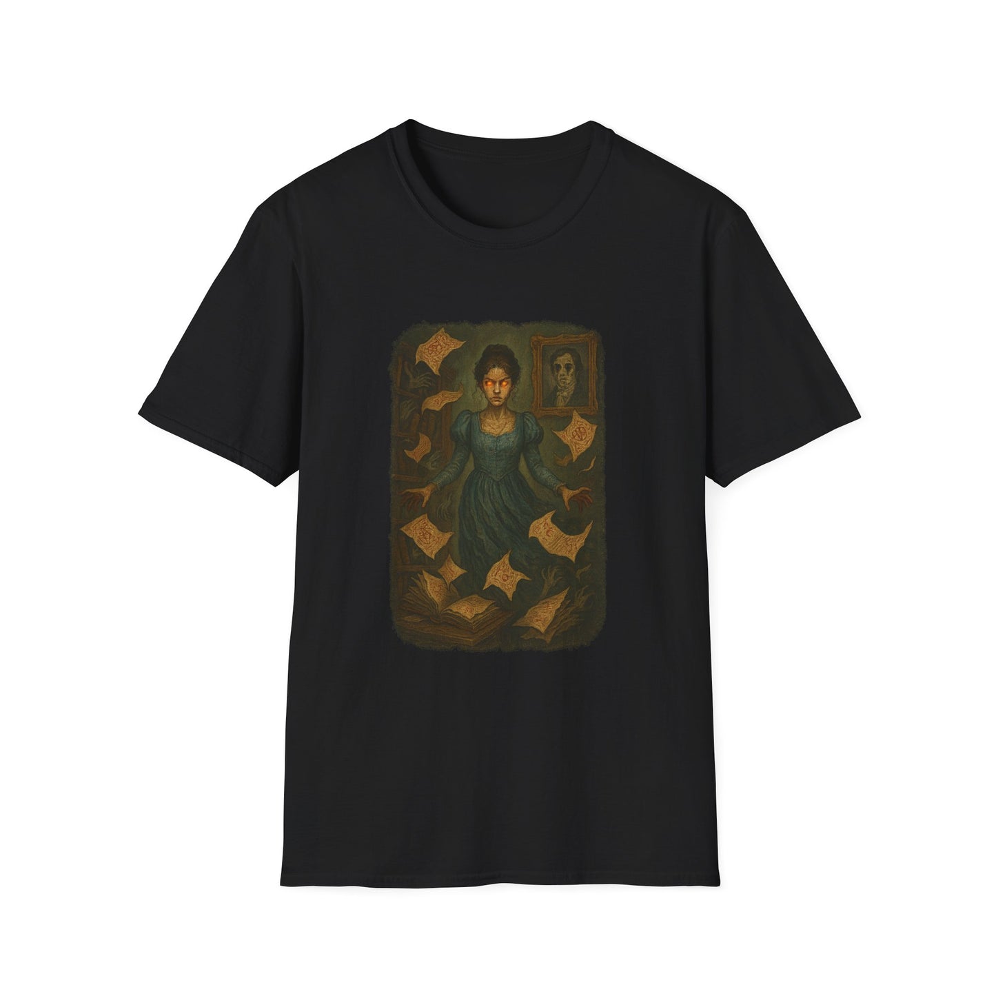 Black Gothic Pride and Prejudice shirt by Printify featuring a gothic portrait of a woman with floating pages
