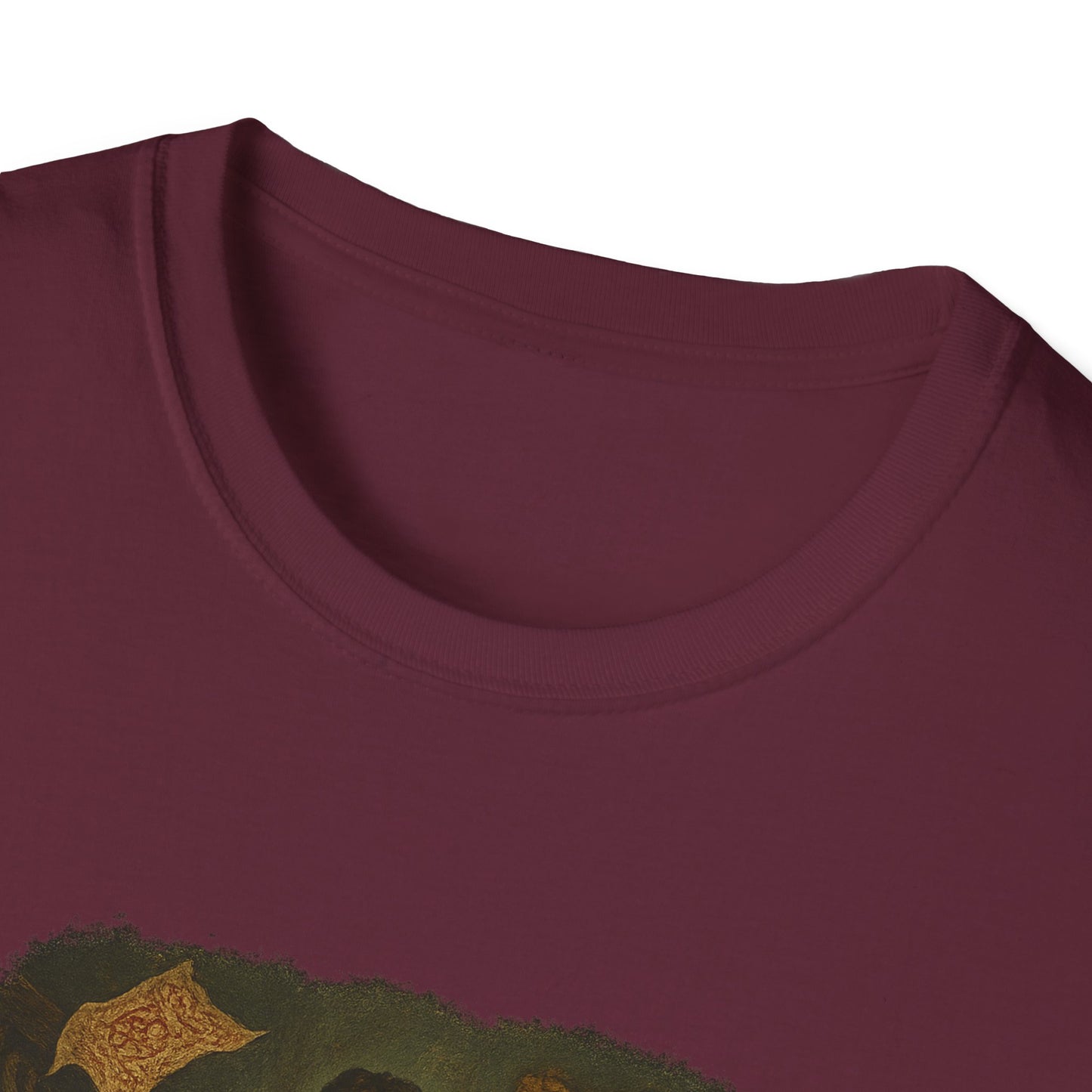 Maroon Printify T-Shirt close-up showing neckline and partial Gothic Pride and Prejudice shirt design