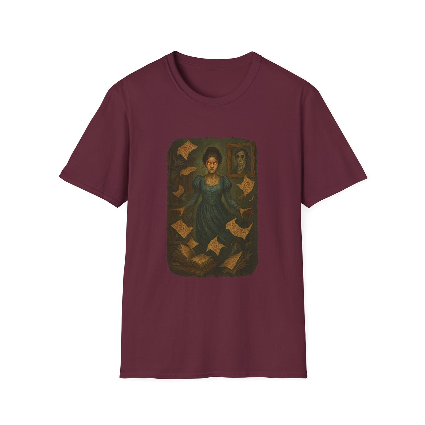 Maroon Gothic Pride and Prejudice shirt featuring a dark artistic illustration of a woman surrounded by floating pages